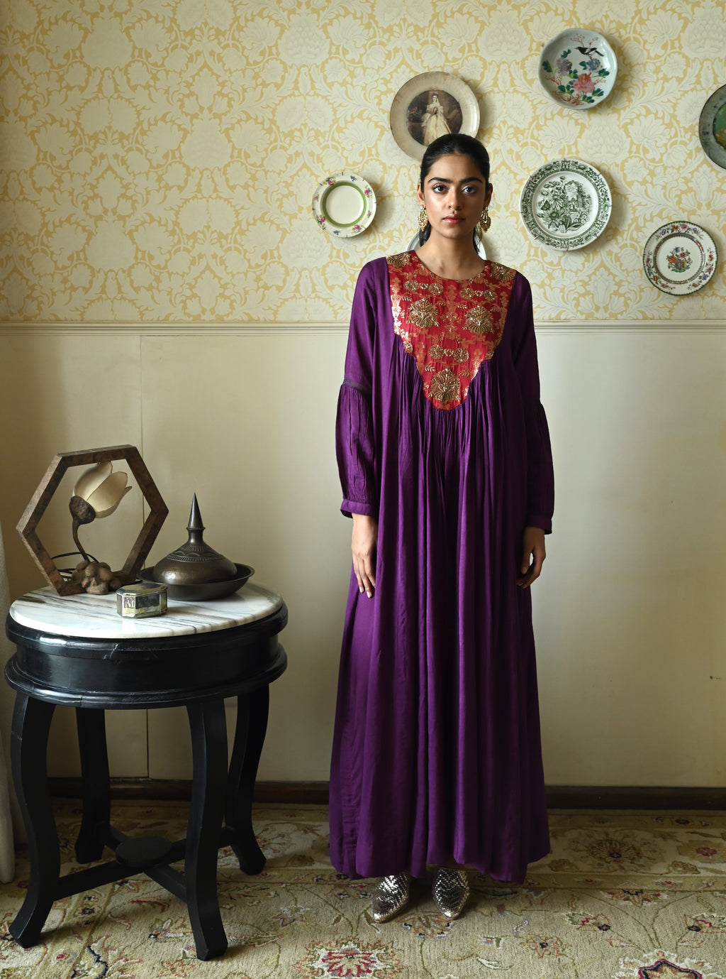 Vani choga in Purple Raw Silk with Brown Tannu yoke