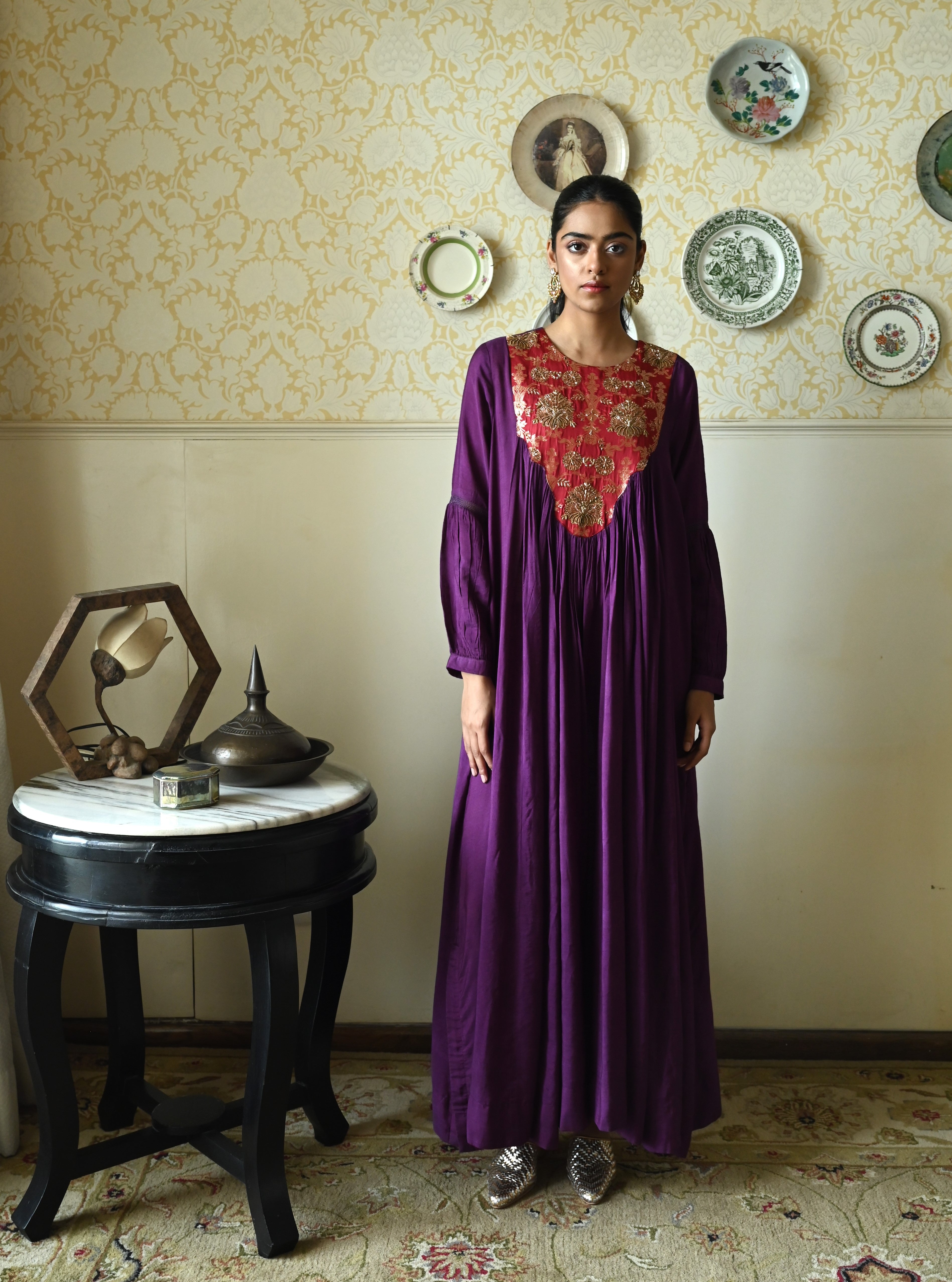 Vani choga in Purple Raw Silk with Brown Tannu yoke