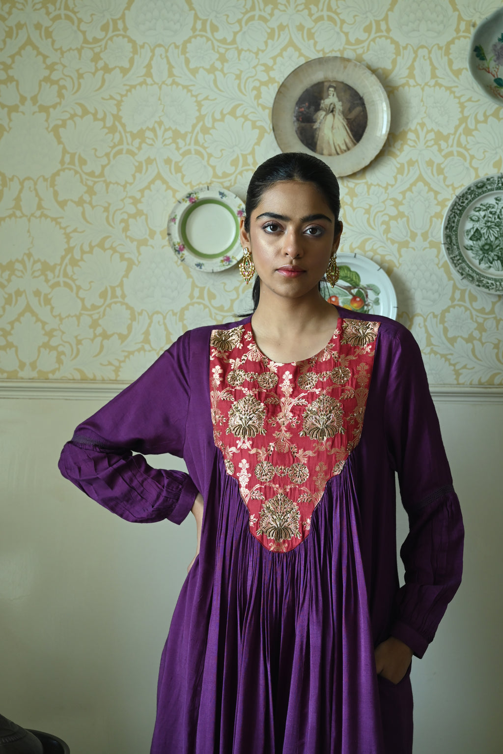 Vani choga in Purple Raw Silk with Brown Tannu yoke