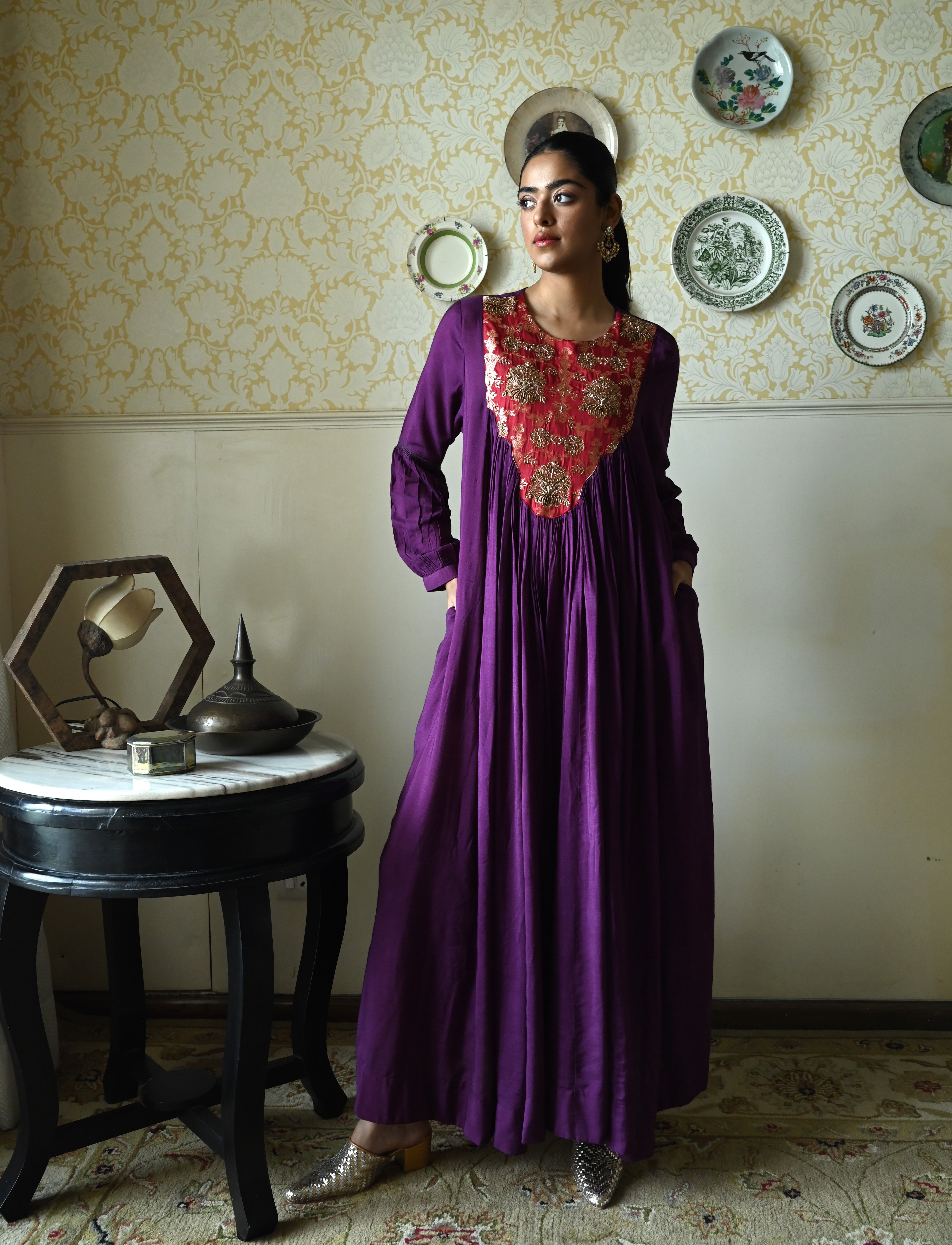 Vani choga in Purple Raw Silk with Brown Tannu yoke