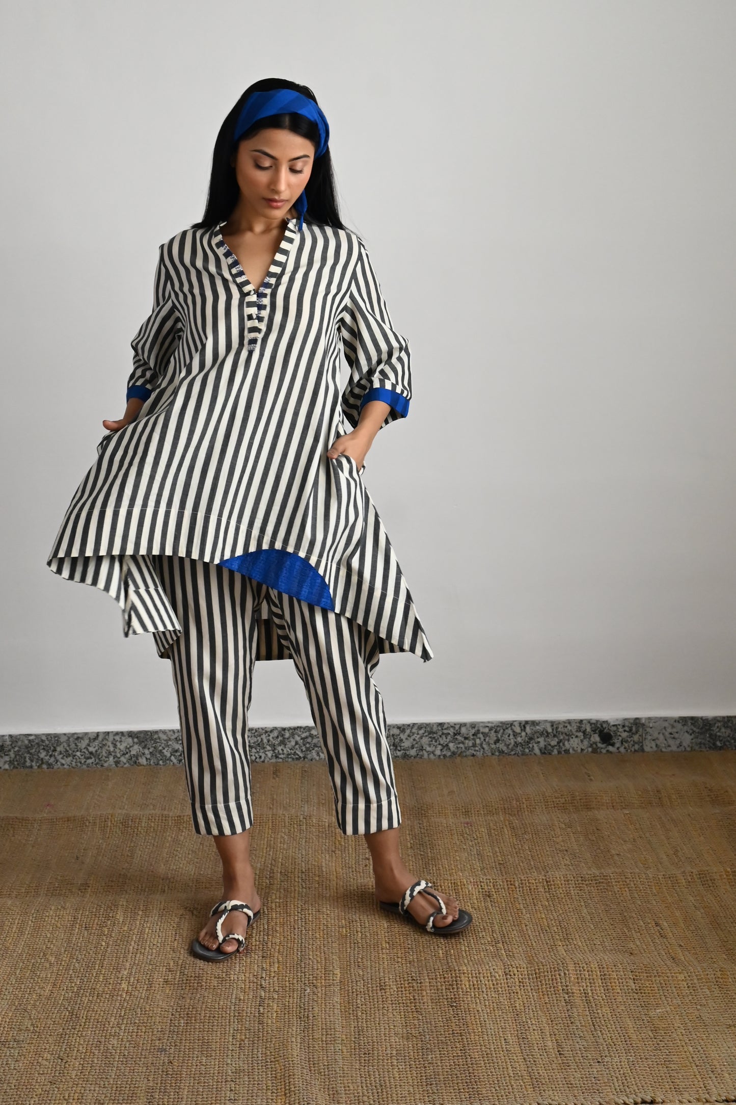 Oonch Neech Top in Black & White Stripes with Stripes Pant