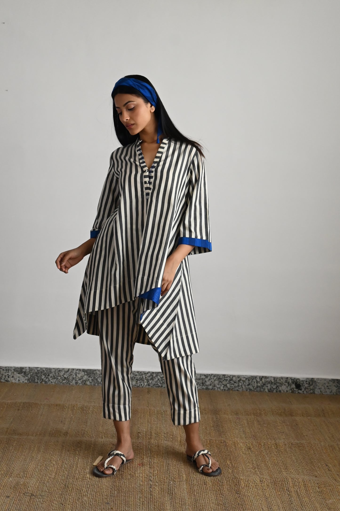 Oonch Neech Top in Black & White Stripes with Stripes Pant