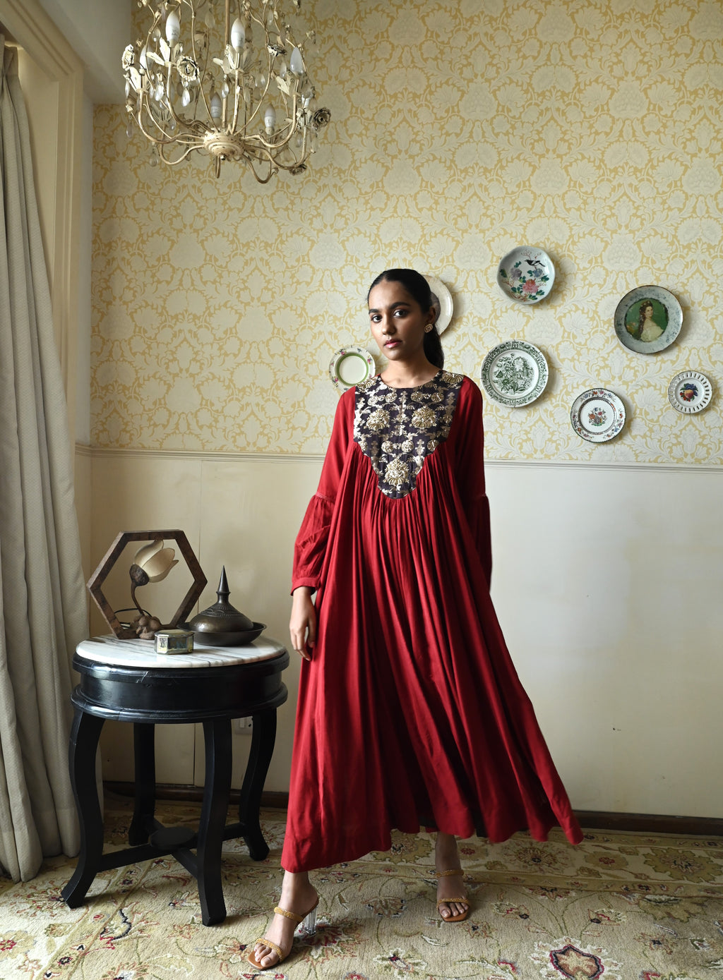 Vani choga in  Red Raw Silk with Brown Tannu yoke