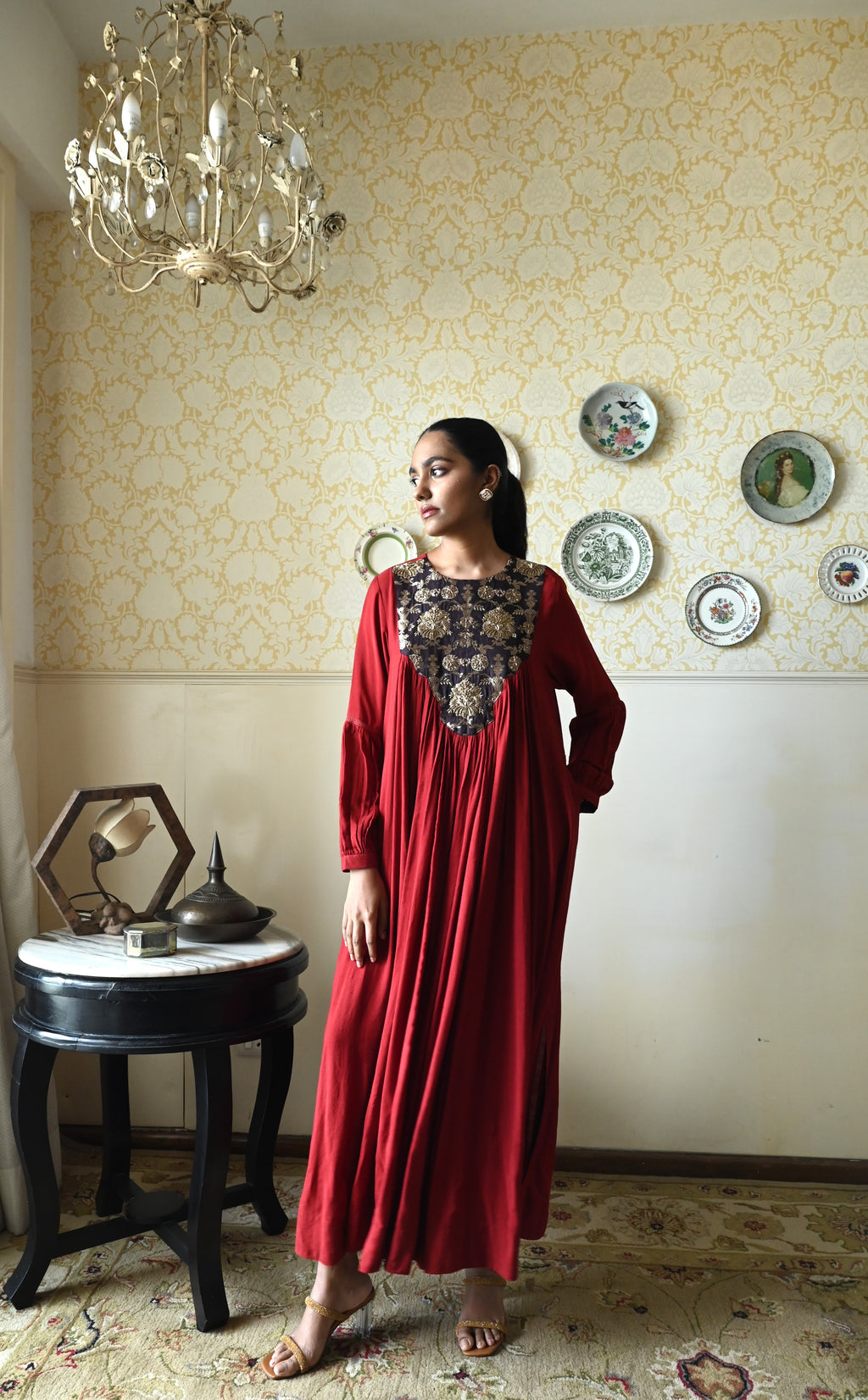 Vani choga in  Red Raw Silk with Brown Tannu yoke