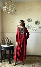 Vani choga in  Red Raw Silk with Brown Tannu yoke