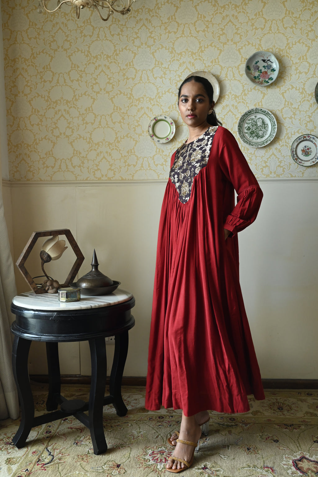 Vani choga in  Red Raw Silk with Brown Tannu yoke