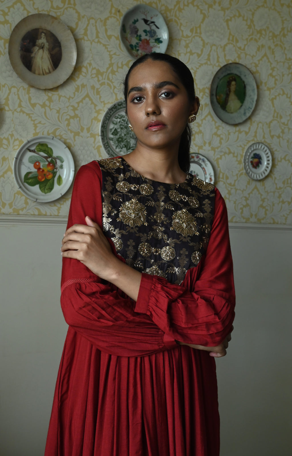 Vani choga in  Red Raw Silk with Brown Tannu yoke