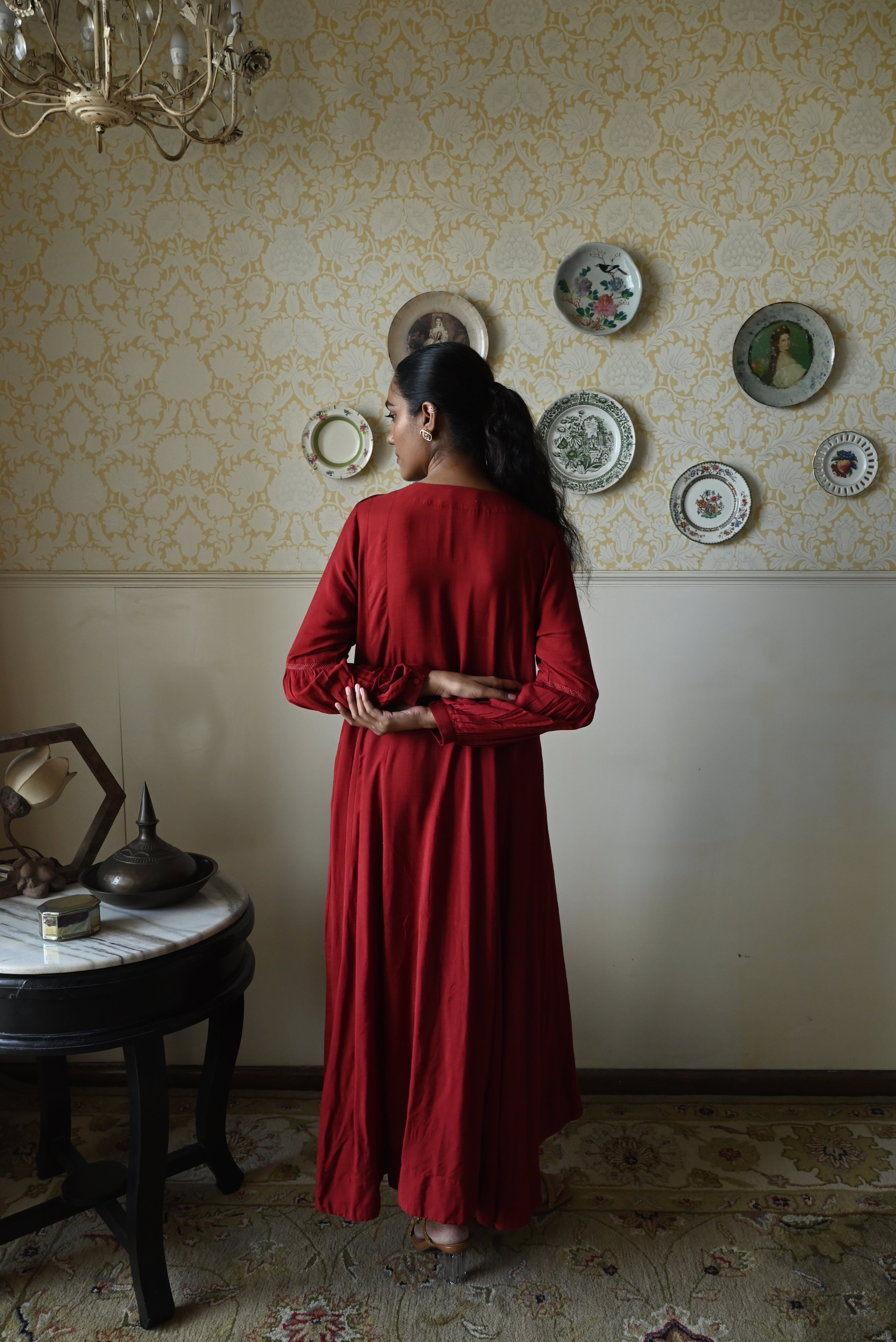 Vani choga in  Red Raw Silk with Brown Tannu yoke