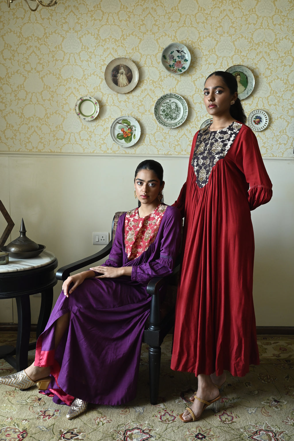 Vani choga in  Red Raw Silk with Brown Tannu yoke