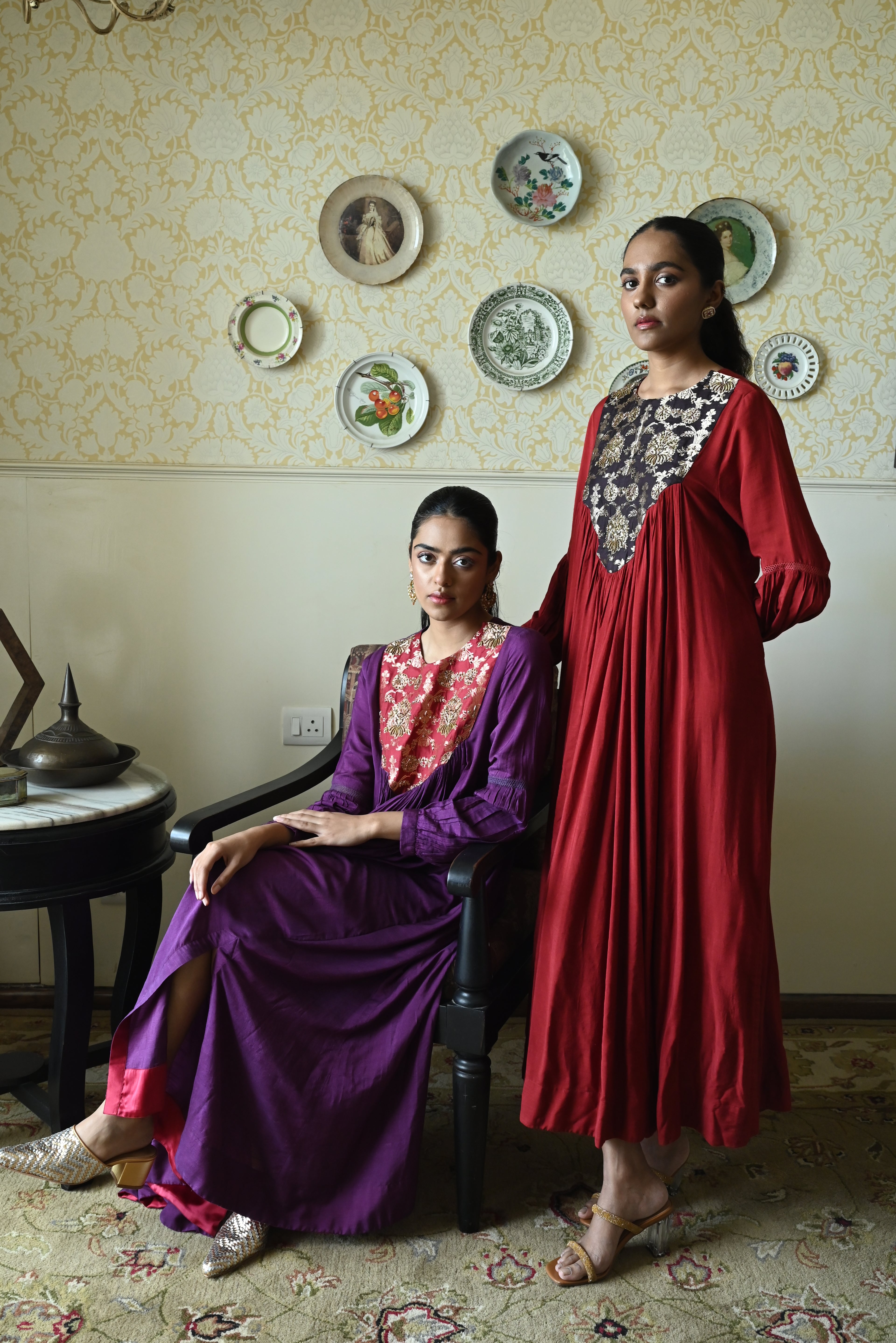 Vani choga in  Red Raw Silk with Brown Tannu yoke