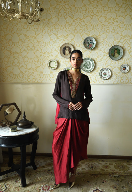 Chudi Shabana Red Kalis in Brown Silk with Red Cowl Skirt
