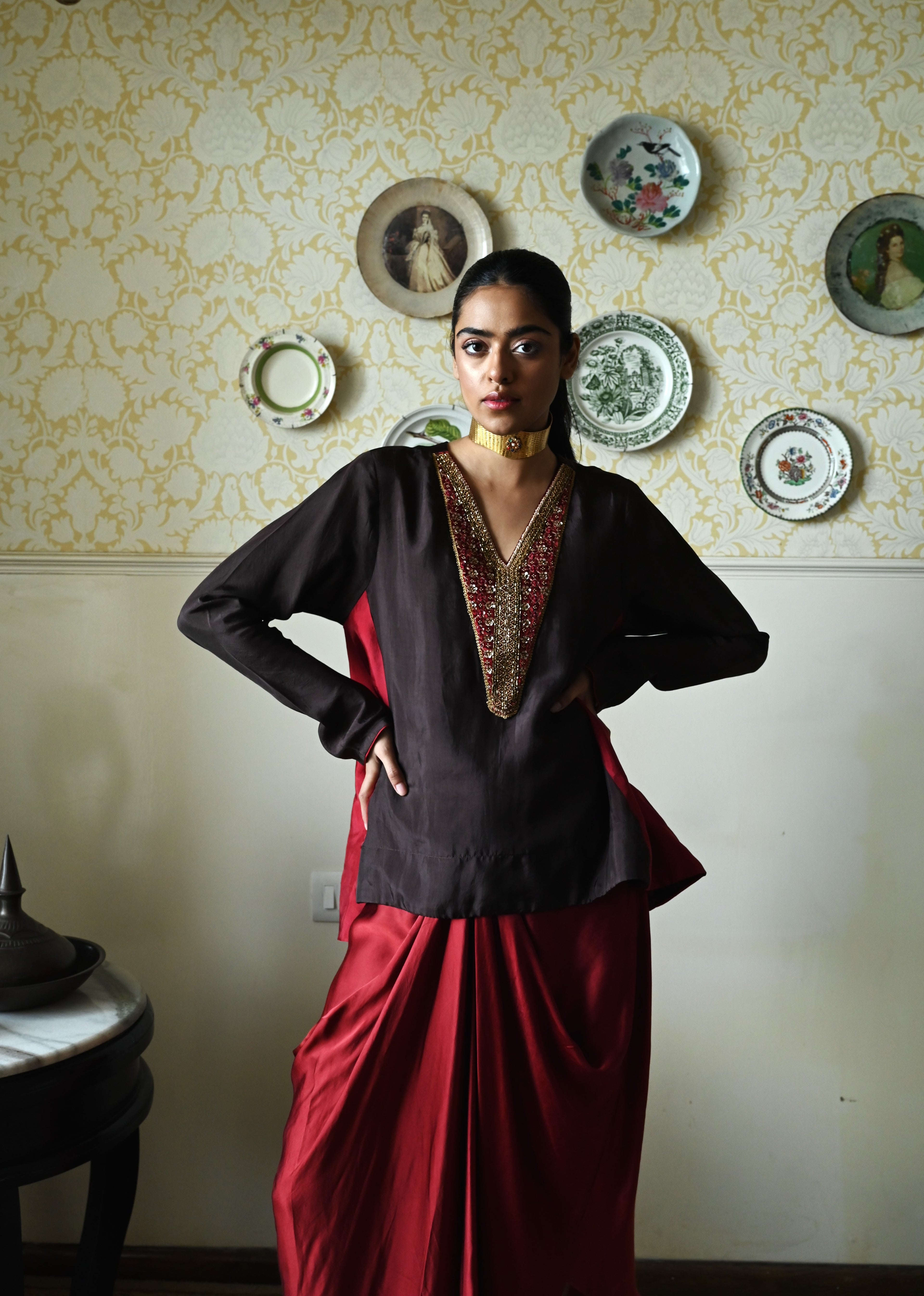 Chudi Shabana Red Kalis in Brown Silk with Red Cowl Skirt