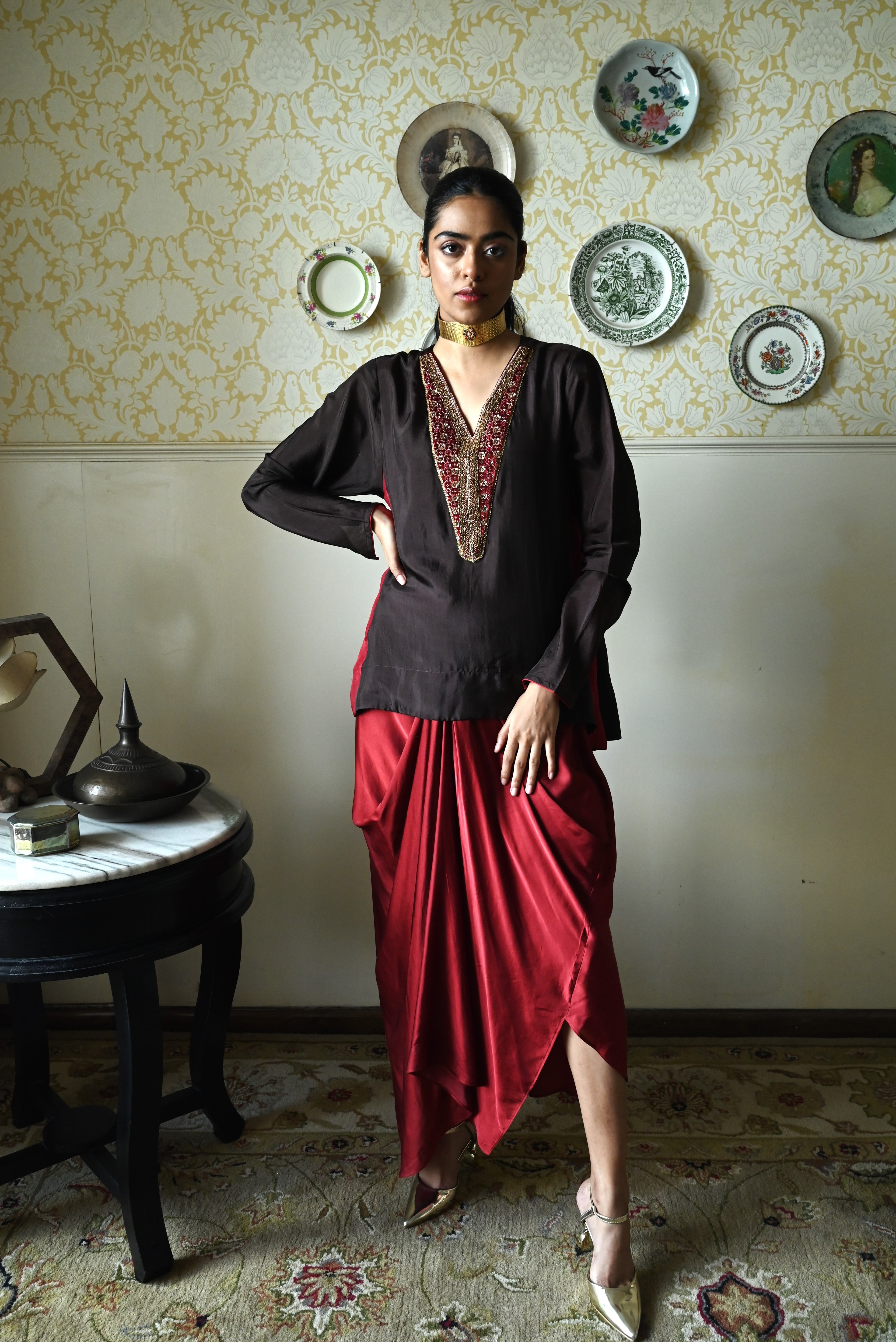 Chudi Shabana Red Kalis in Brown Silk with Red Cowl Skirt