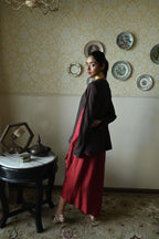 Chudi Shabana Red Kalis in Brown Silk with Red Cowl Skirt