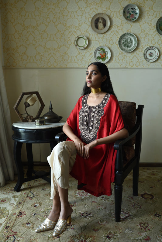 Begum Cape in Red Silk with  Dhoti Pant