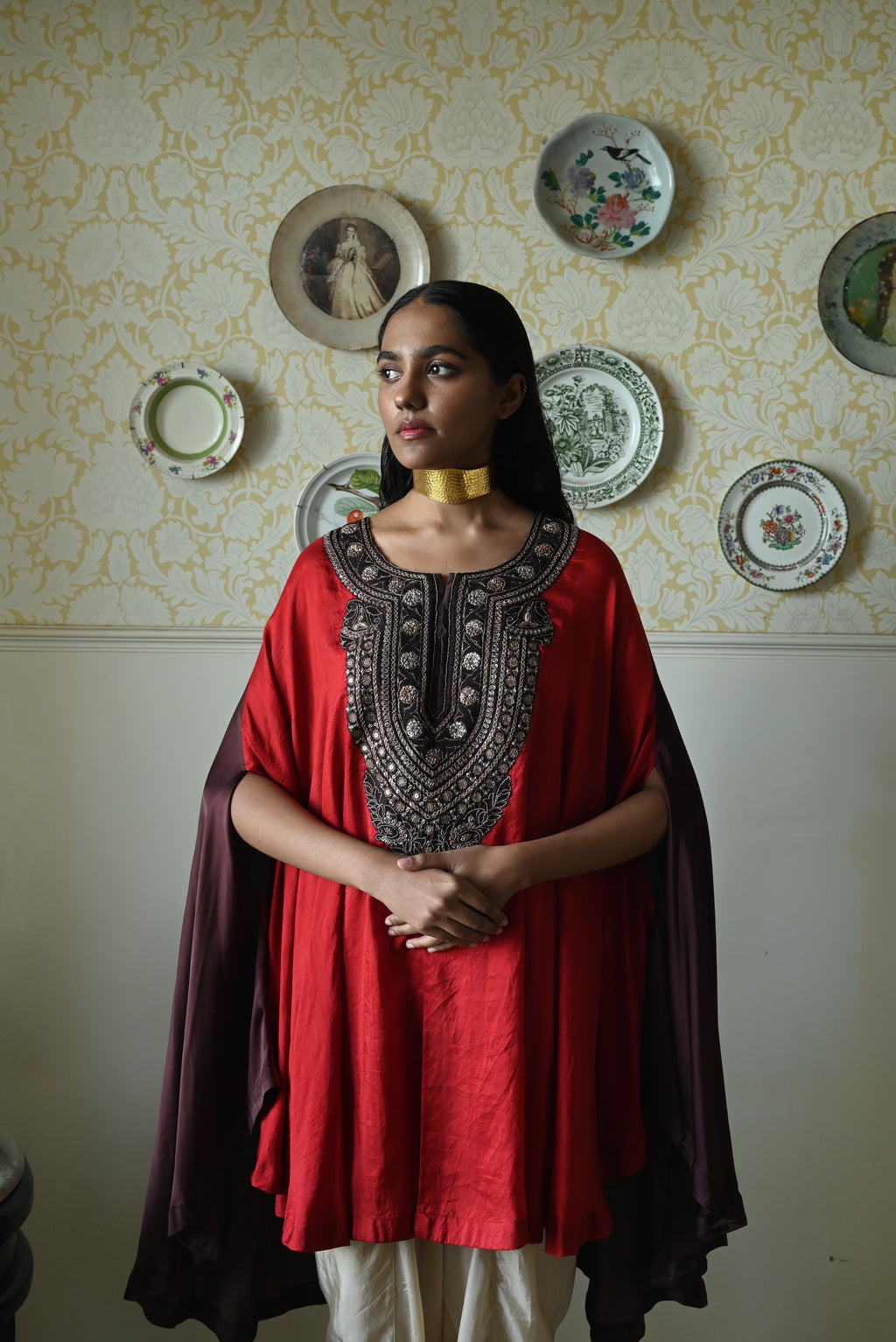 Begum Cape in Red Silk with  Dhoti Pant