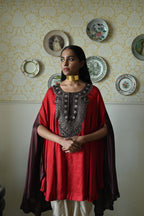 Begum Cape in Red Silk with  Dhoti Pant