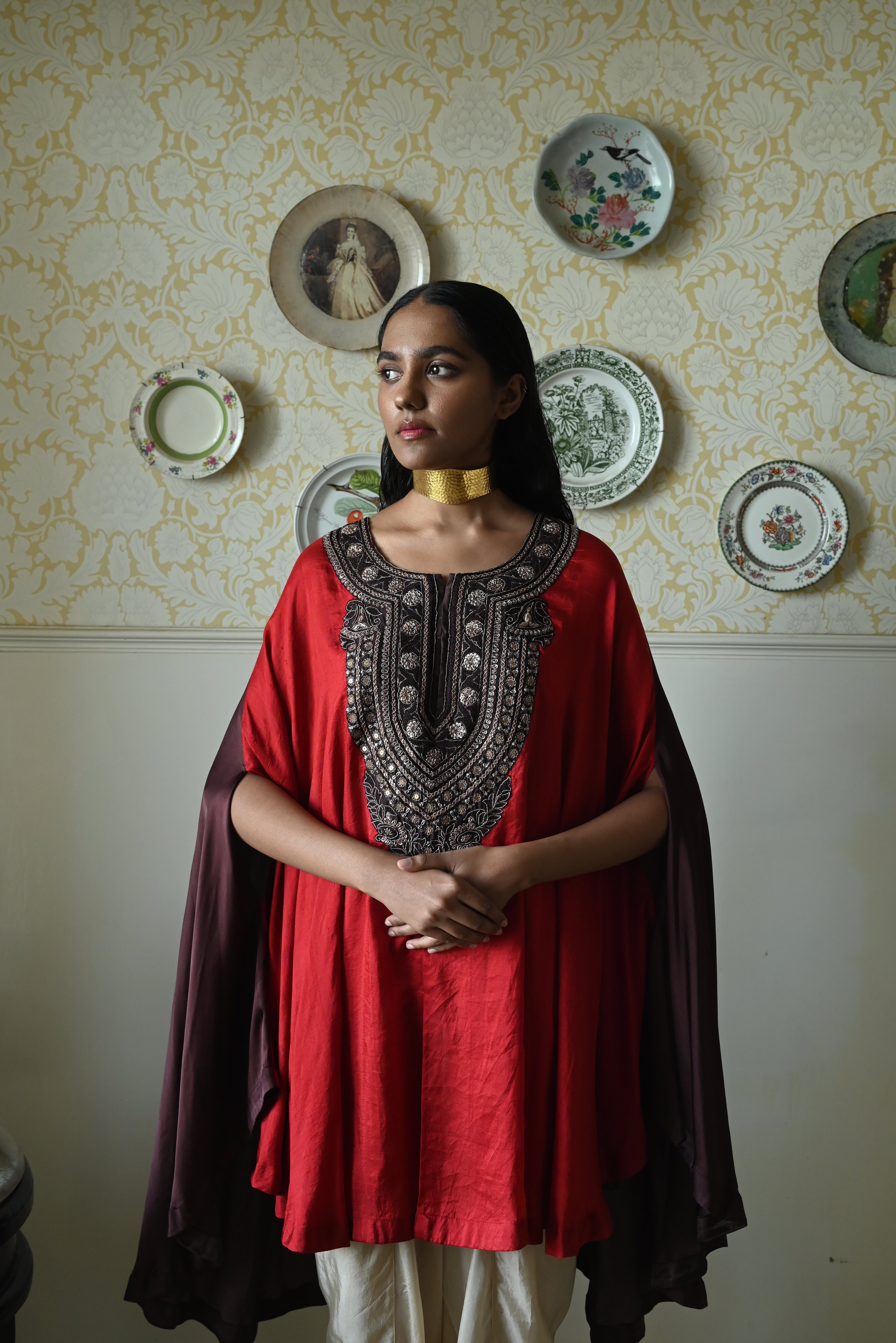 Begum Cape in Red Silk with  Dhoti Pant