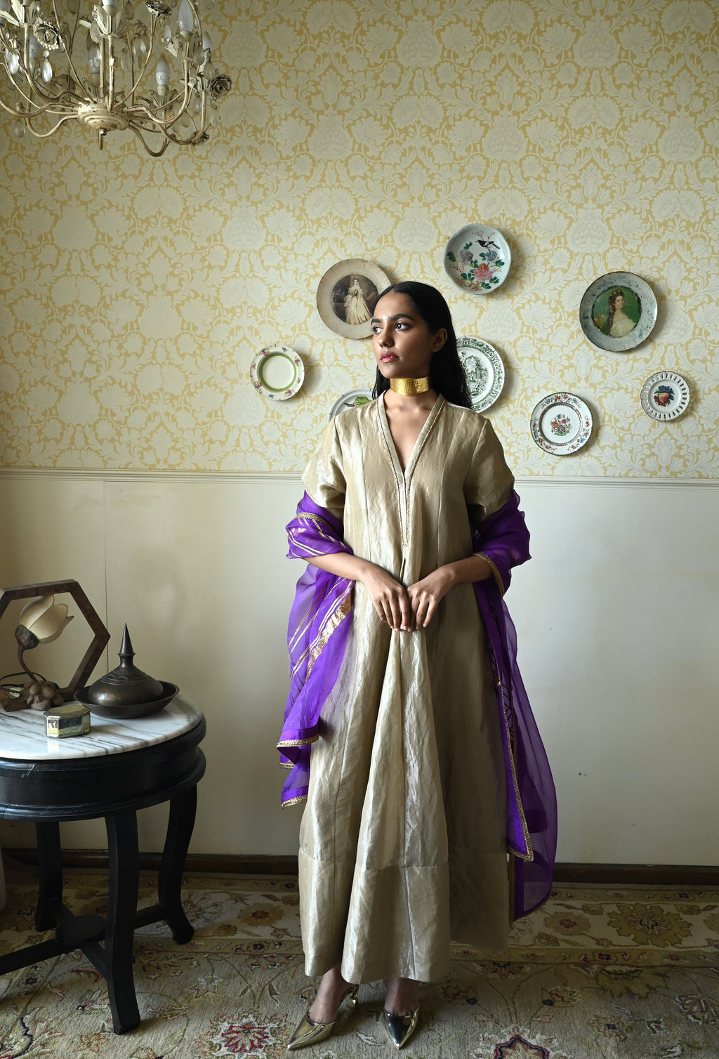 Sashiko Anarkali in Chai Beige Tissue