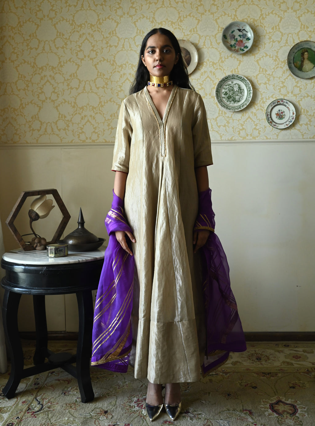 Sashiko Anarkali in Chai Beige Tissue