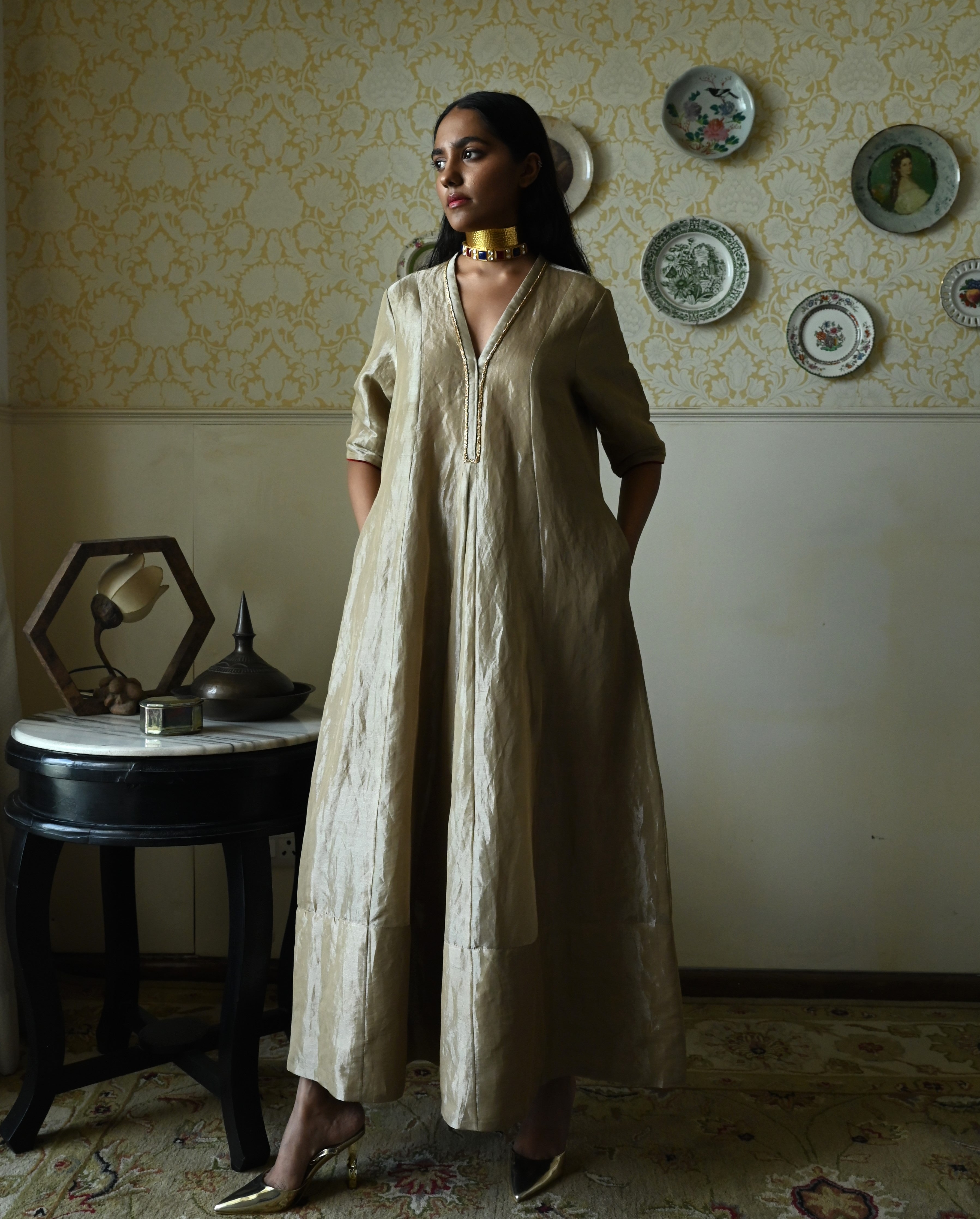 Sashiko Anarkali in Chai Beige Tissue