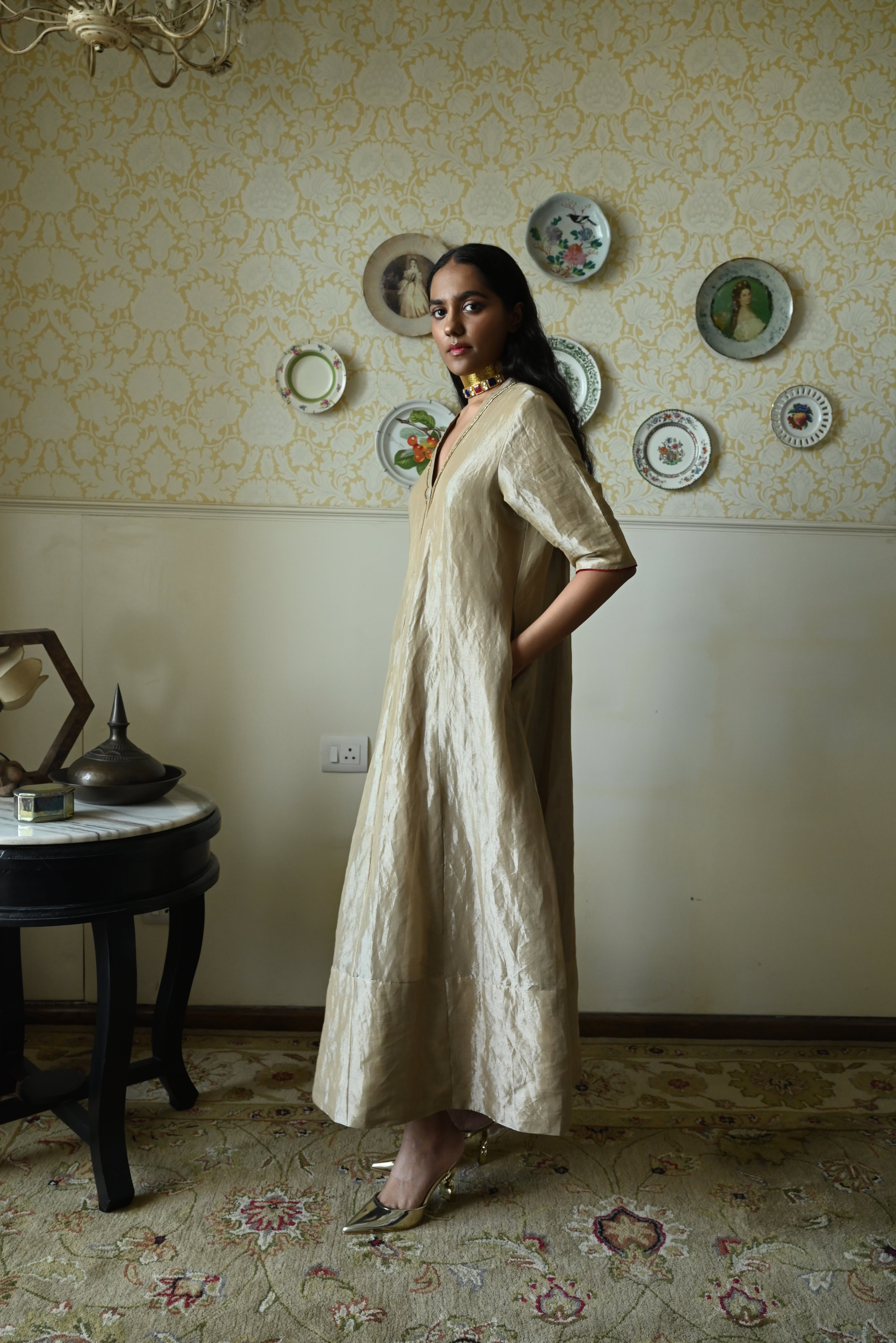 Sashiko Anarkali in Chai Beige Tissue