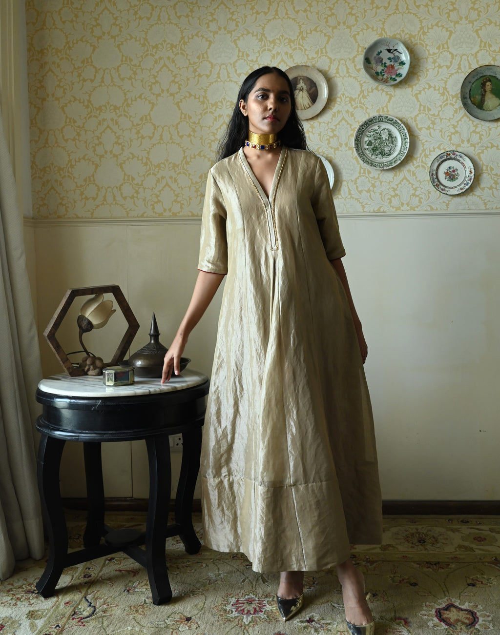 Sashiko Anarkali in Chai Beige Tissue