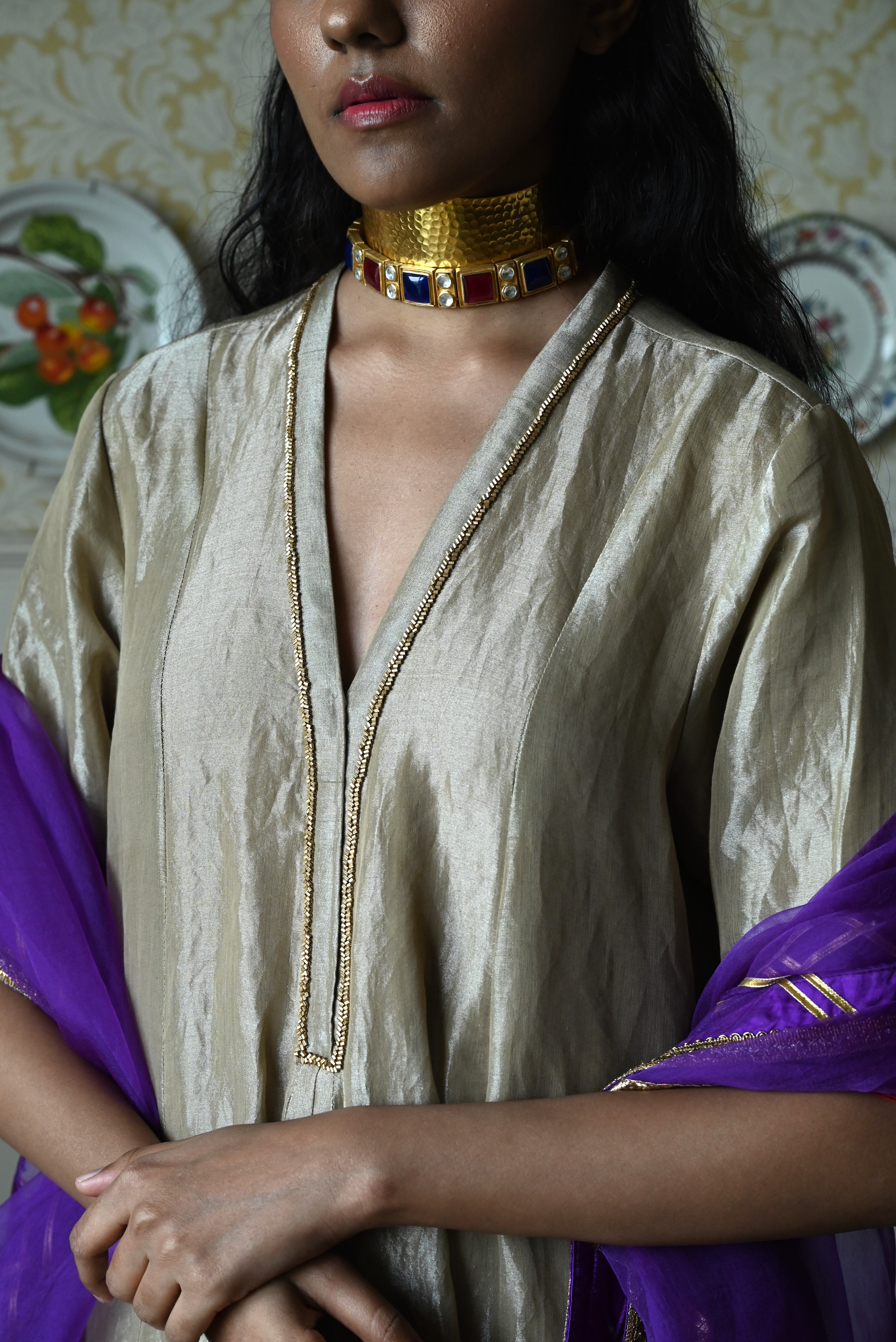 Sashiko Anarkali in Chai Beige Tissue