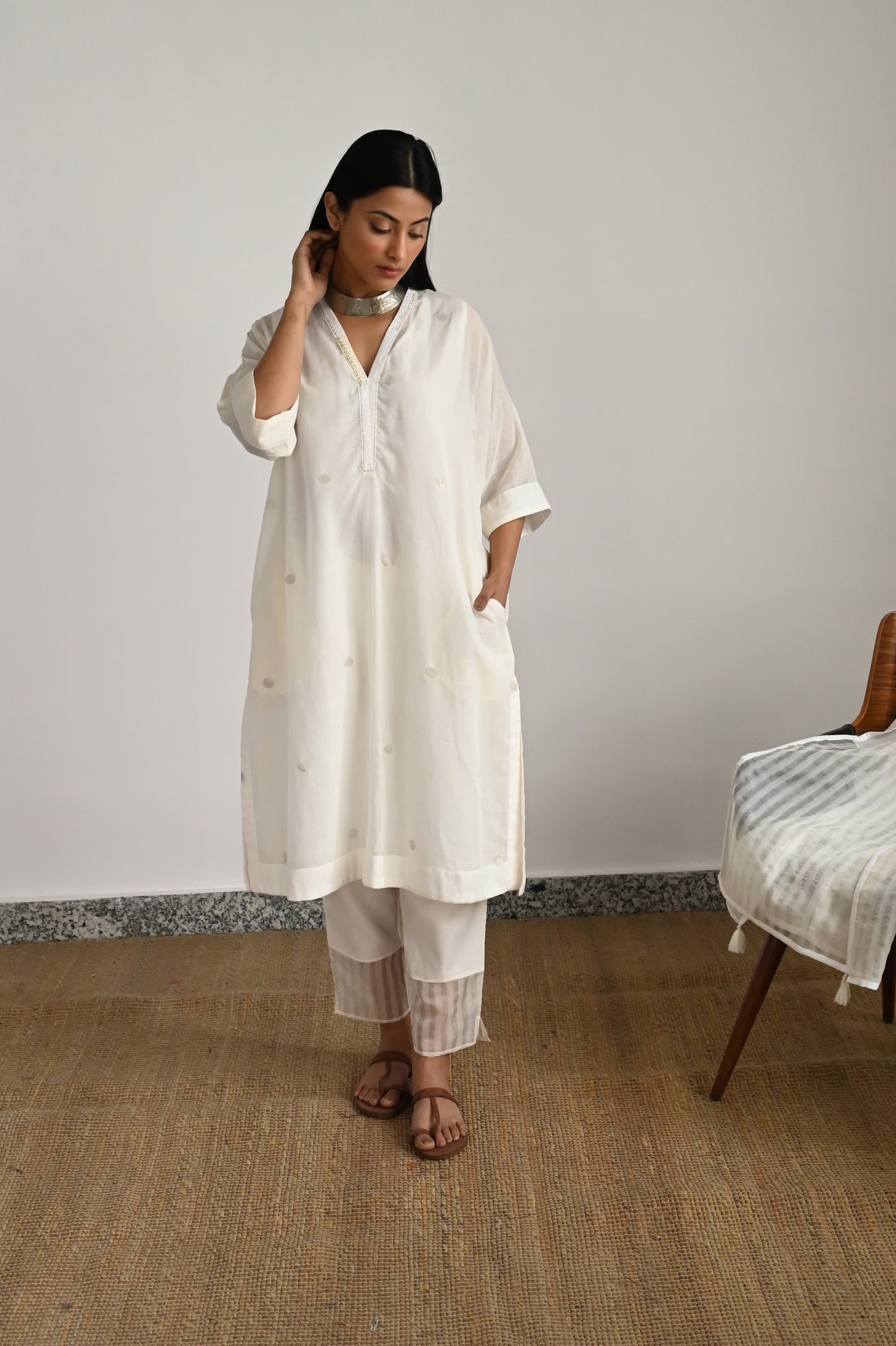 Shahi Kaftan in White Silver Jamdani with White Pant