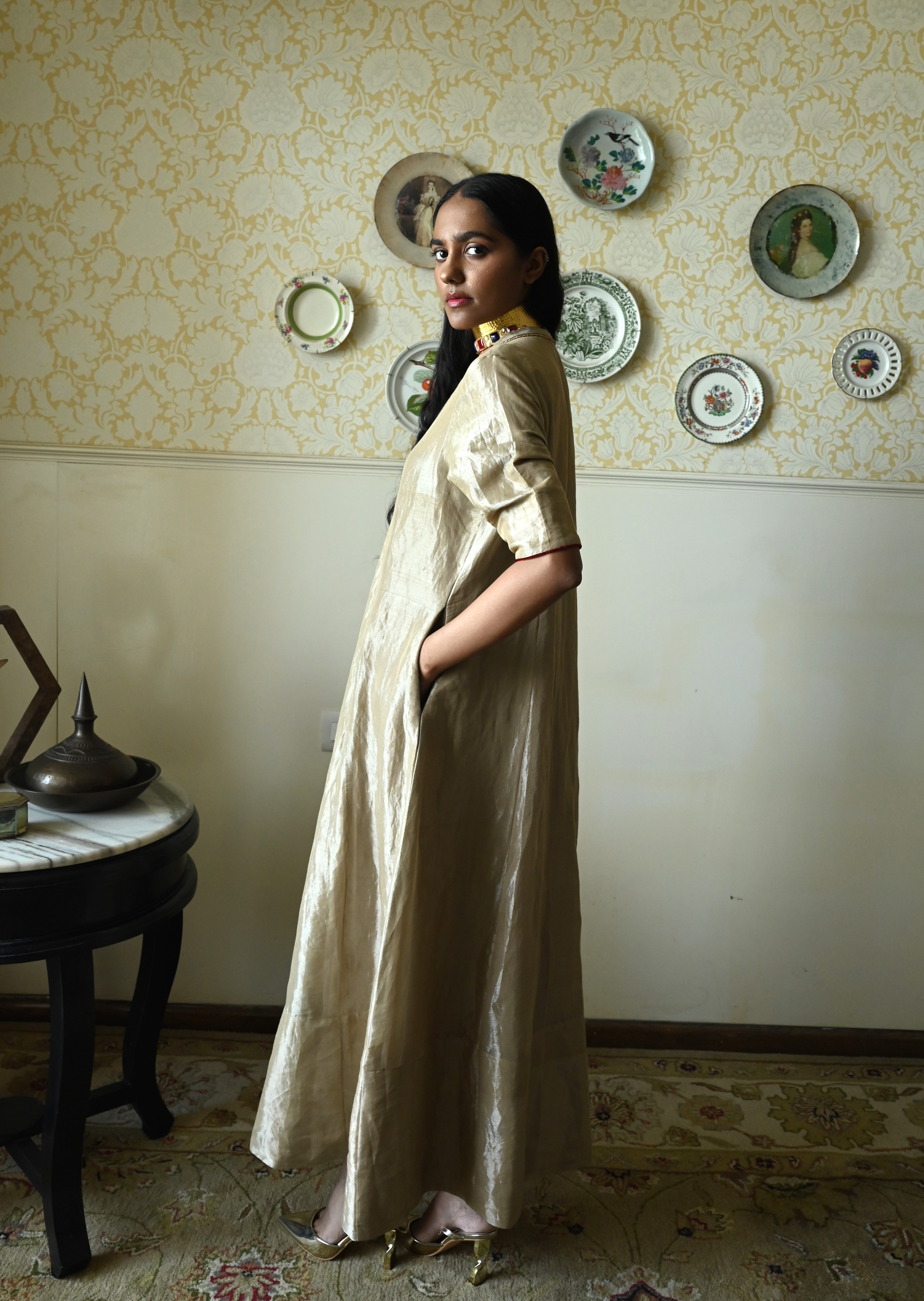 Sashiko Anarkali in Chai Beige Tissue