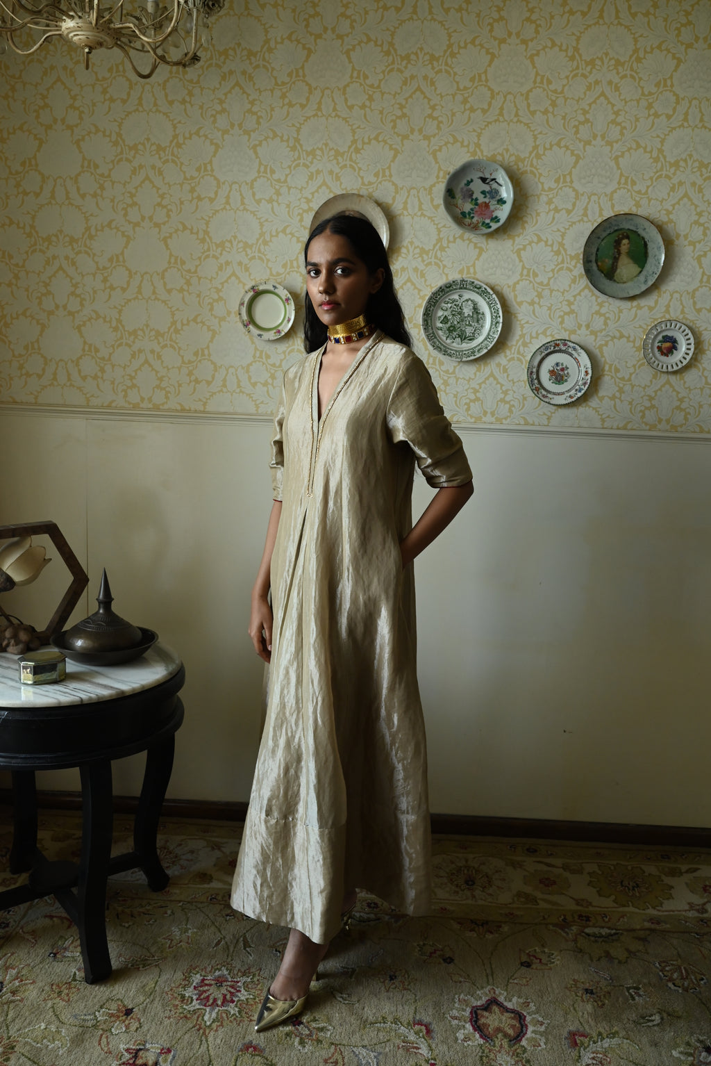 Sashiko Anarkali in Chai Beige Tissue