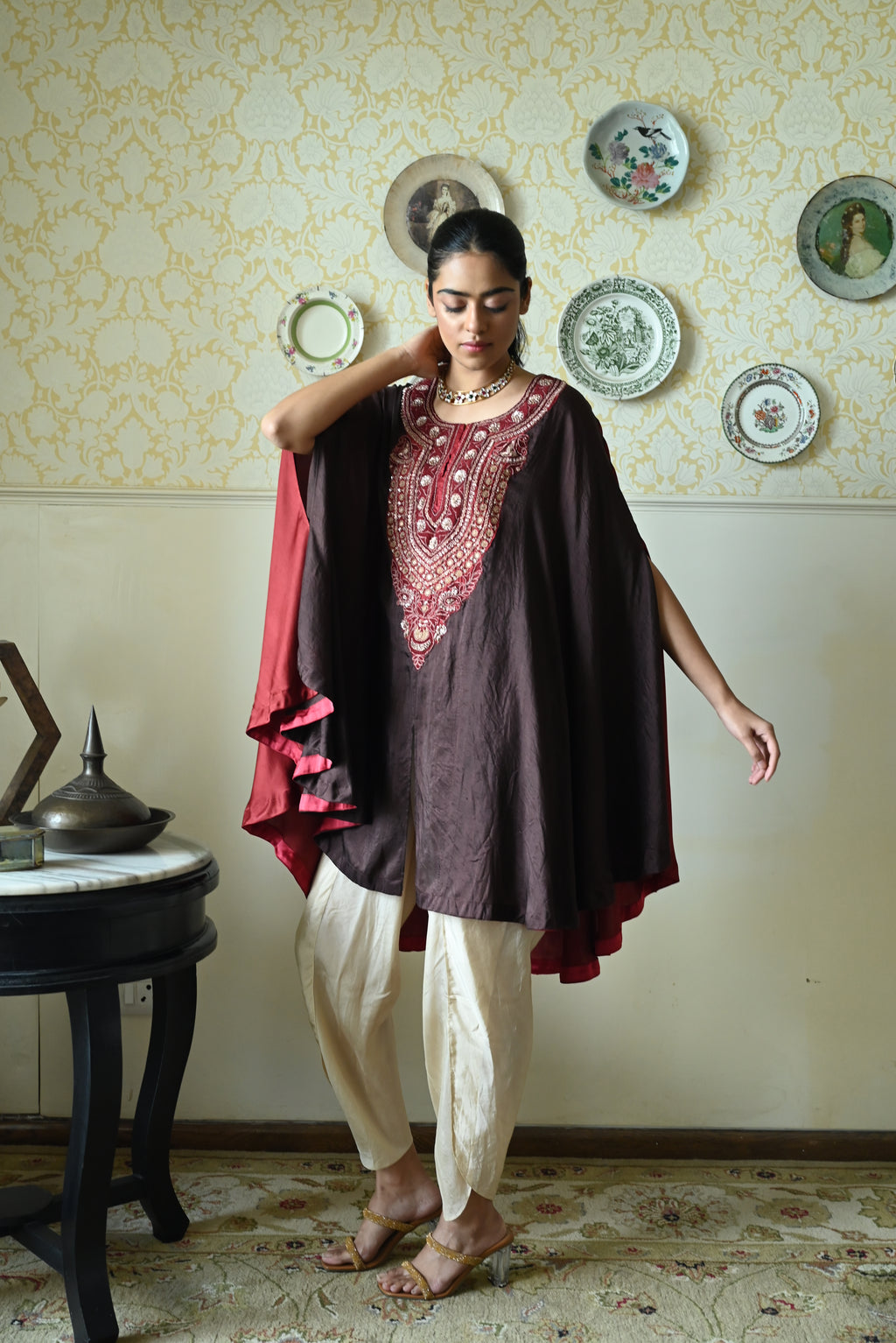 Begum Cape in Brown Silk with Dhoti Pant