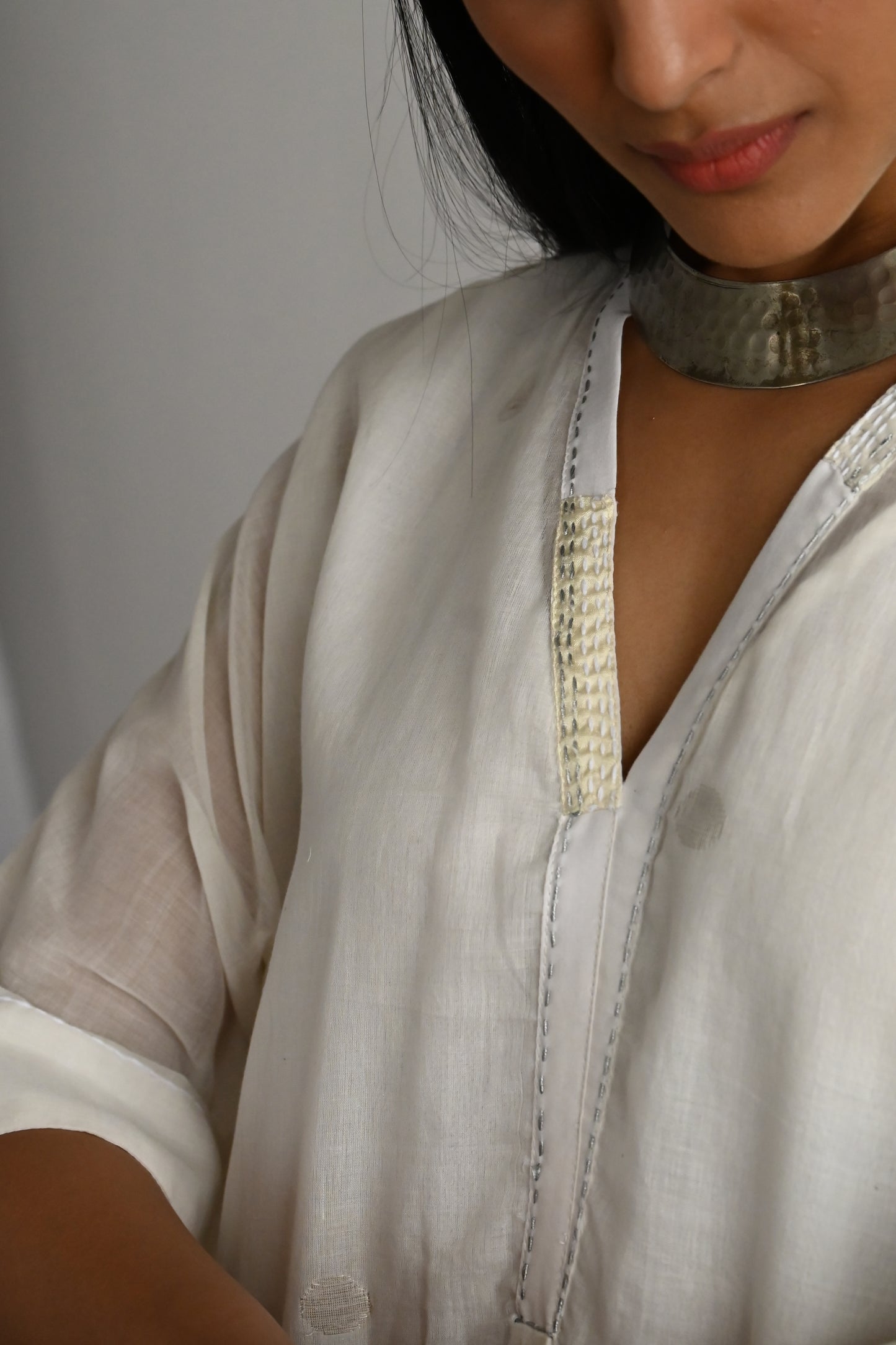 Shahi Kaftan in White Silver Jamdani with White Pant