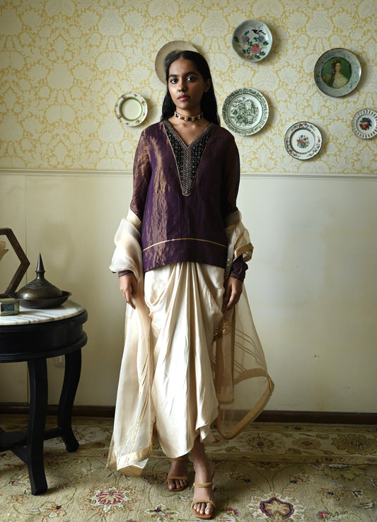 Chudi Shabana Red Kalis in Purple Tissue with  Cowl Skirt