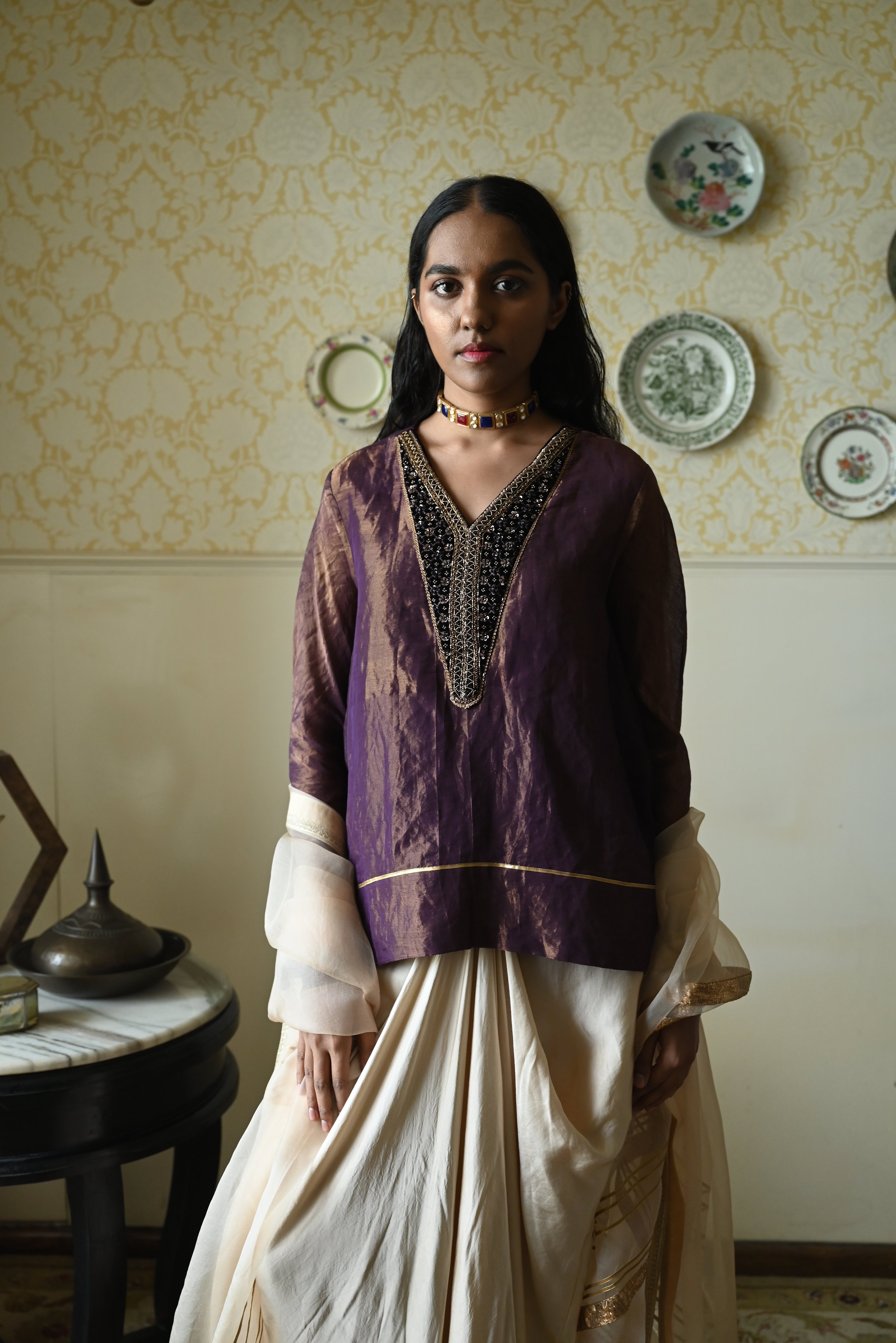 Chudi Shabana Red Kalis in Purple Tissue with  Cowl Skirt