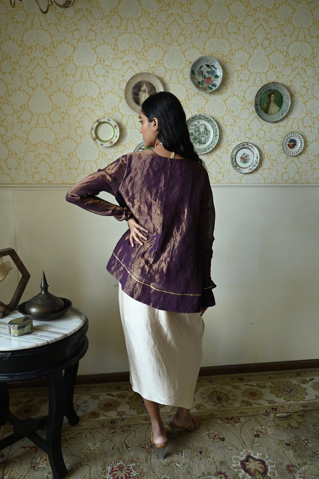 Chudi Shabana Red Kalis in Purple Tissue with  Cowl Skirt