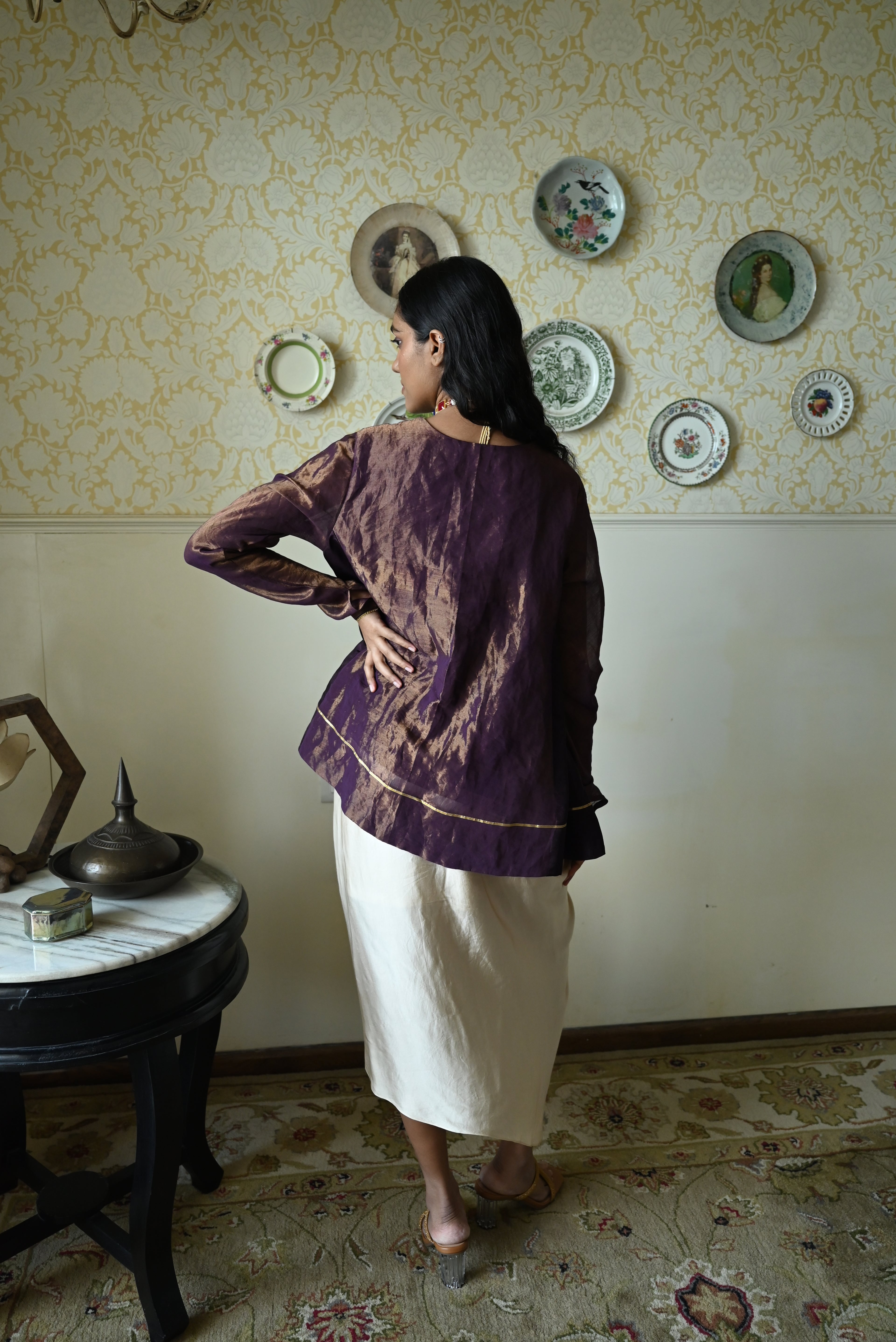 Chudi Shabana Red Kalis in Purple Tissue with  Cowl Skirt