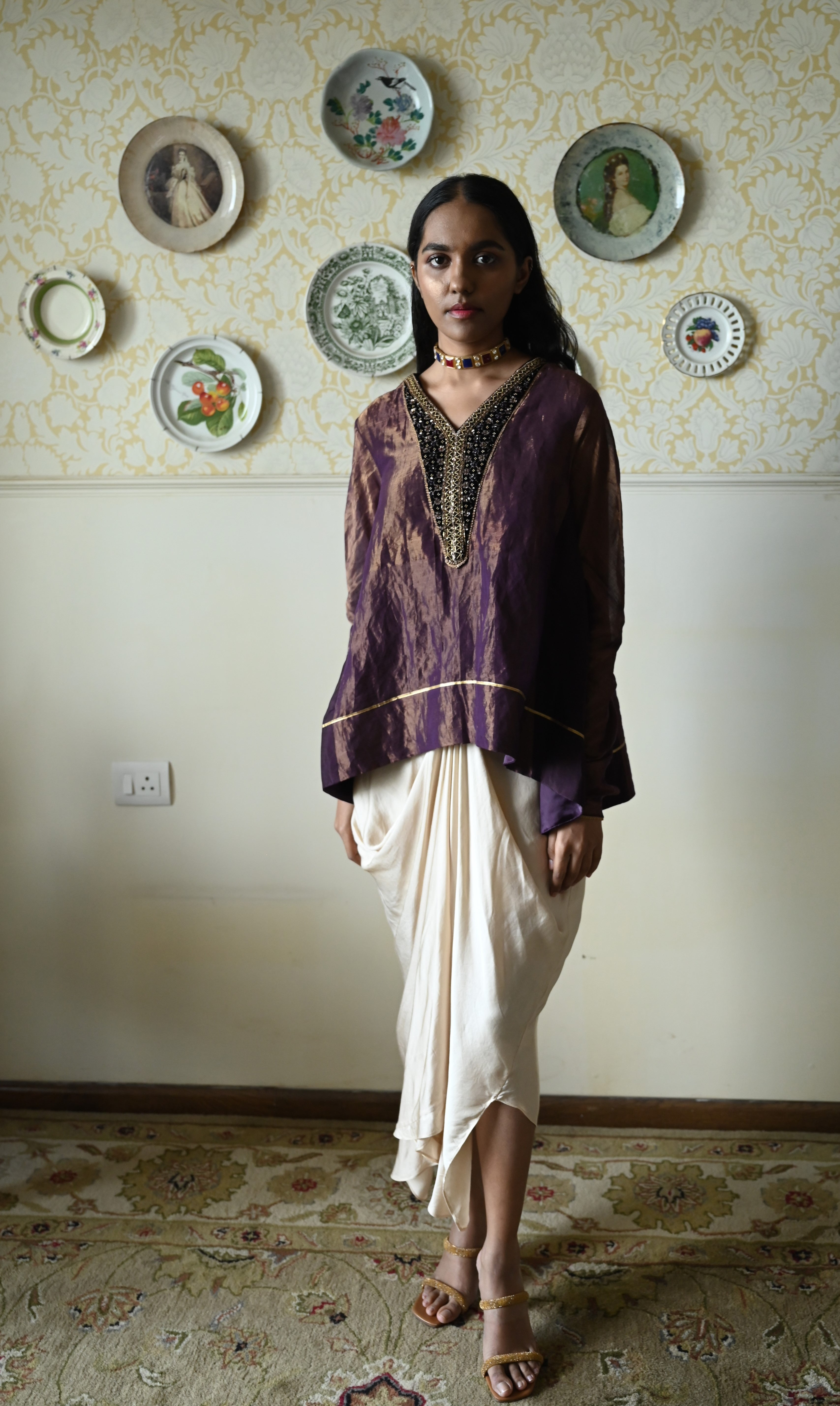 Chudi Shabana Red Kalis in Purple Tissue with  Cowl Skirt