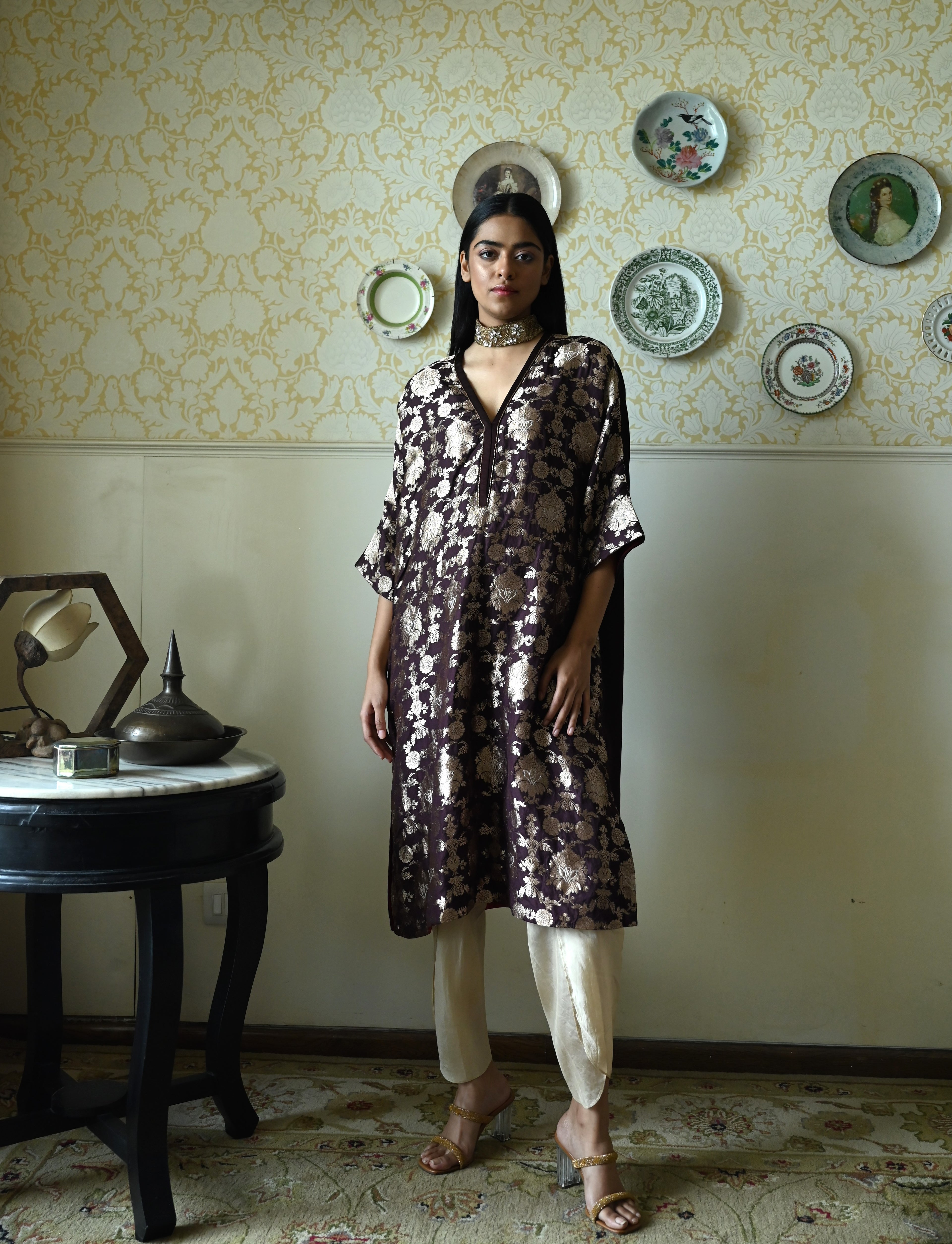 RajBaari kaftan in Brown Tannu jaal with Chai Dhoti Dhoti