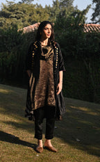 Sati Cowl Kurta in Black Tissue and Chanderi Stripes with Black Pant