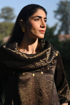 Sati Cowl Kurta in Black Tissue and Chanderi Stripes with Black Pant