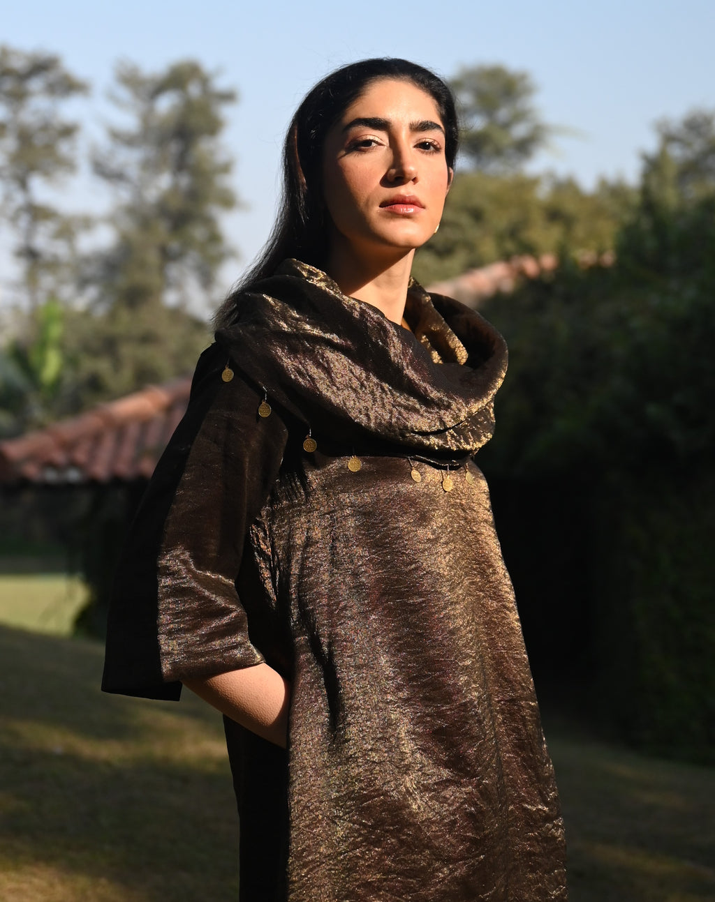 Sati Cowl Kurta in Black Tissue and Chanderi Stripes with Black Pant