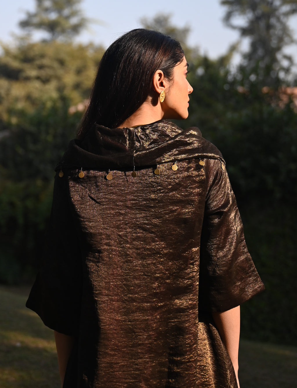 Sati Cowl Kurta in Black Tissue and Chanderi Stripes with Black Pant