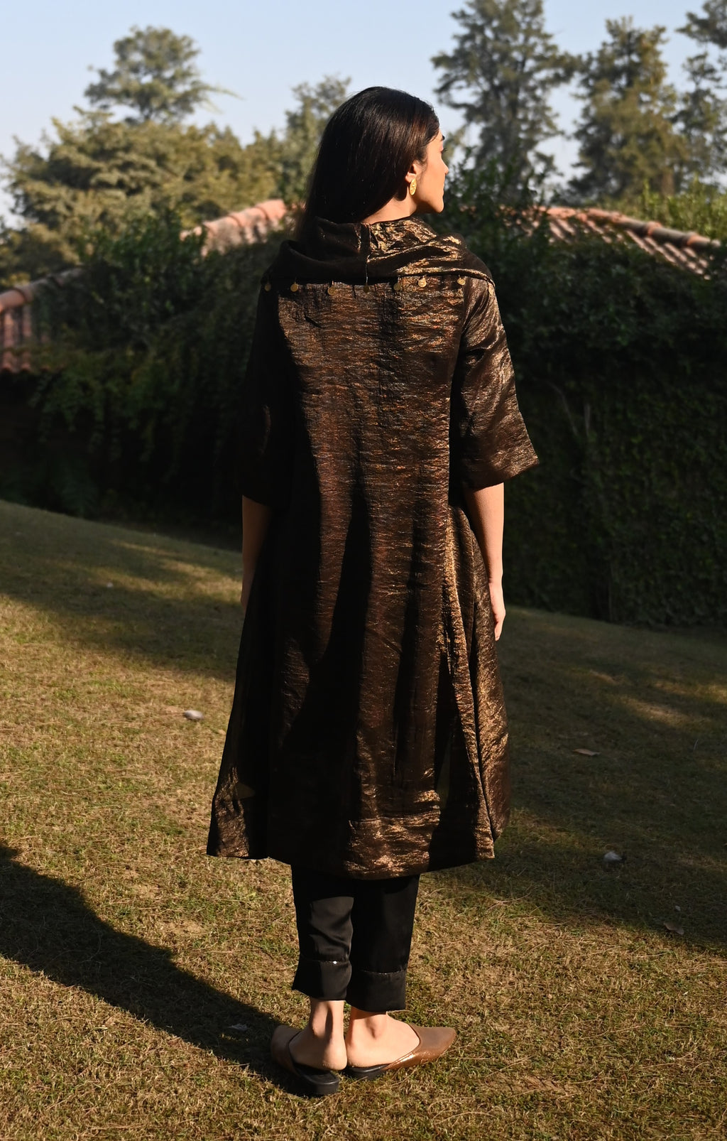 Sati Cowl Kurta in Black Tissue and Chanderi Stripes with Black Pant