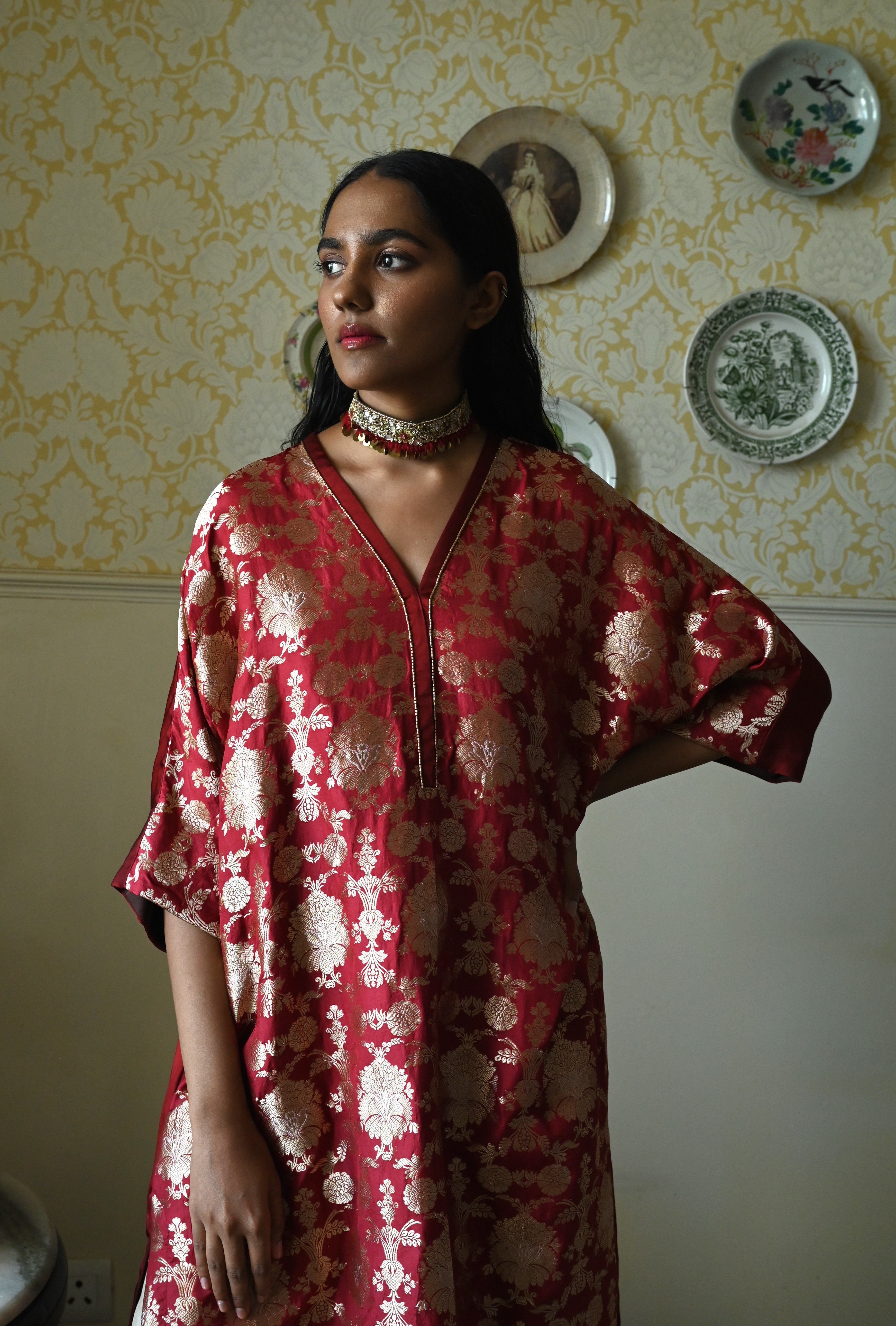 RajBaari kaftan in Red Tannu jaal with Chai  Dhoti Pant