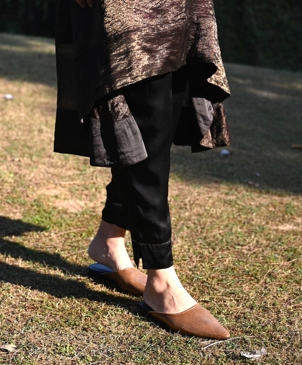 Sati Cowl Kurta in Black Tissue and Chanderi Stripes with Black Pant