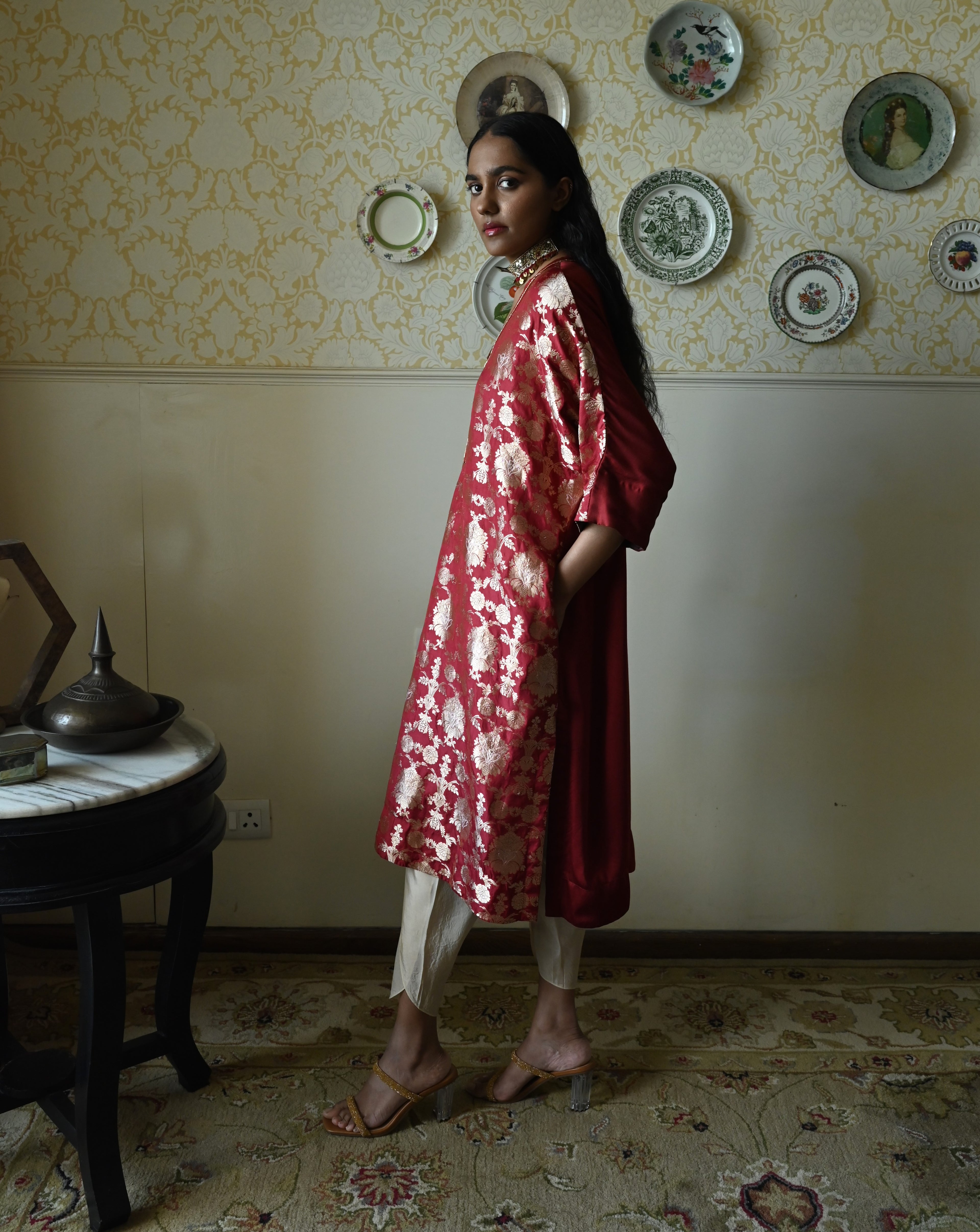 RajBaari kaftan in Red Tannu jaal with Chai  Dhoti Pant