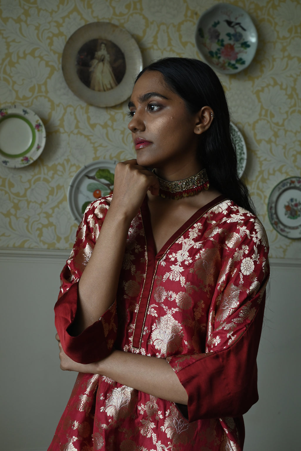 RajBaari kaftan in Red Tannu jaal with Chai  Dhoti Pant