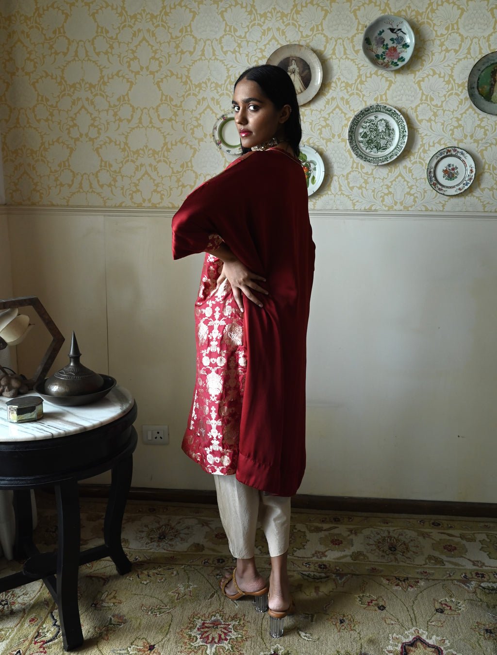 RajBaari kaftan in Red Tannu jaal with Chai  Dhoti Pant