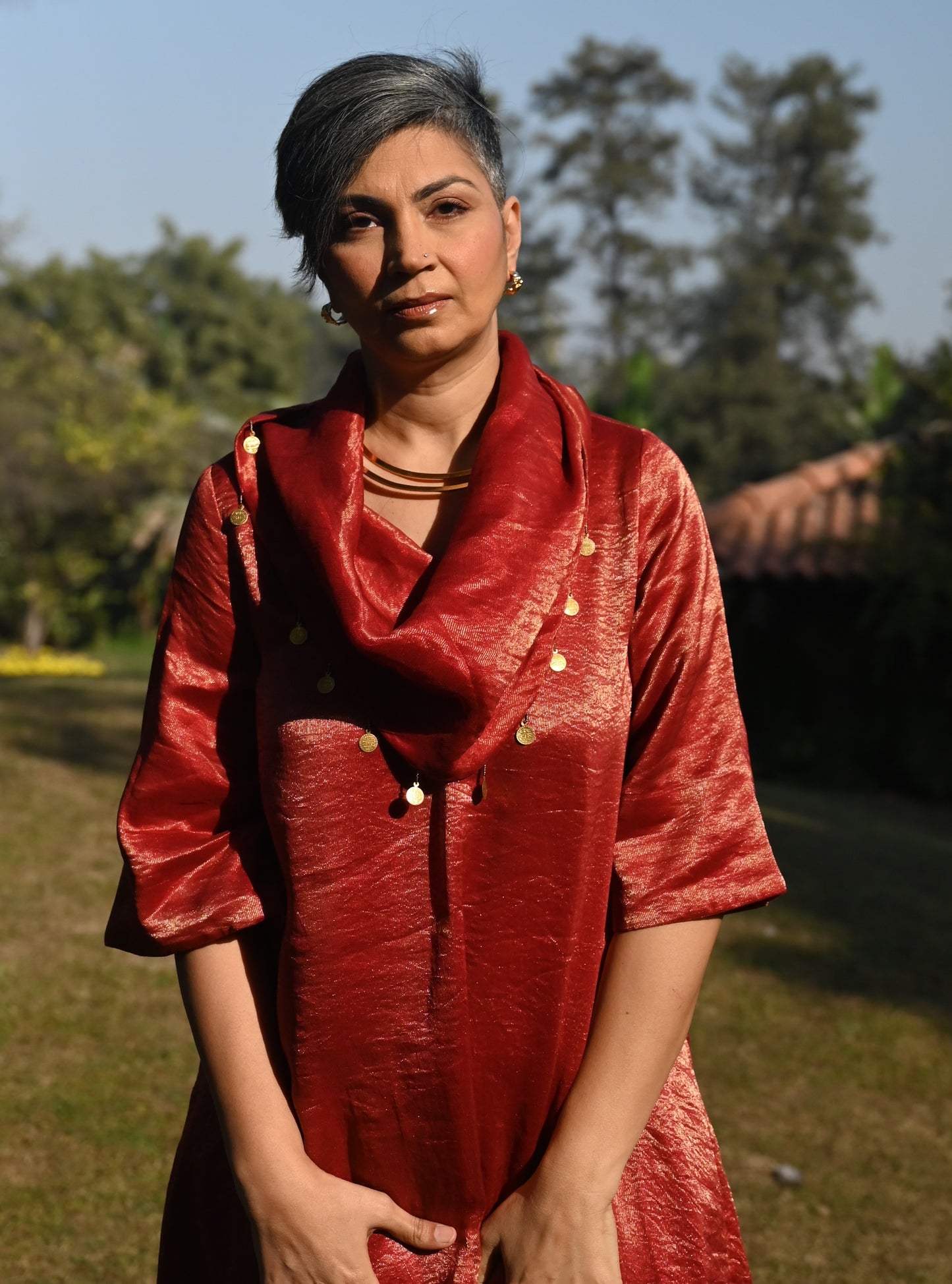 Sati Cowl Kurta in Red Tissue and Chanderi Stripes with Red Pant